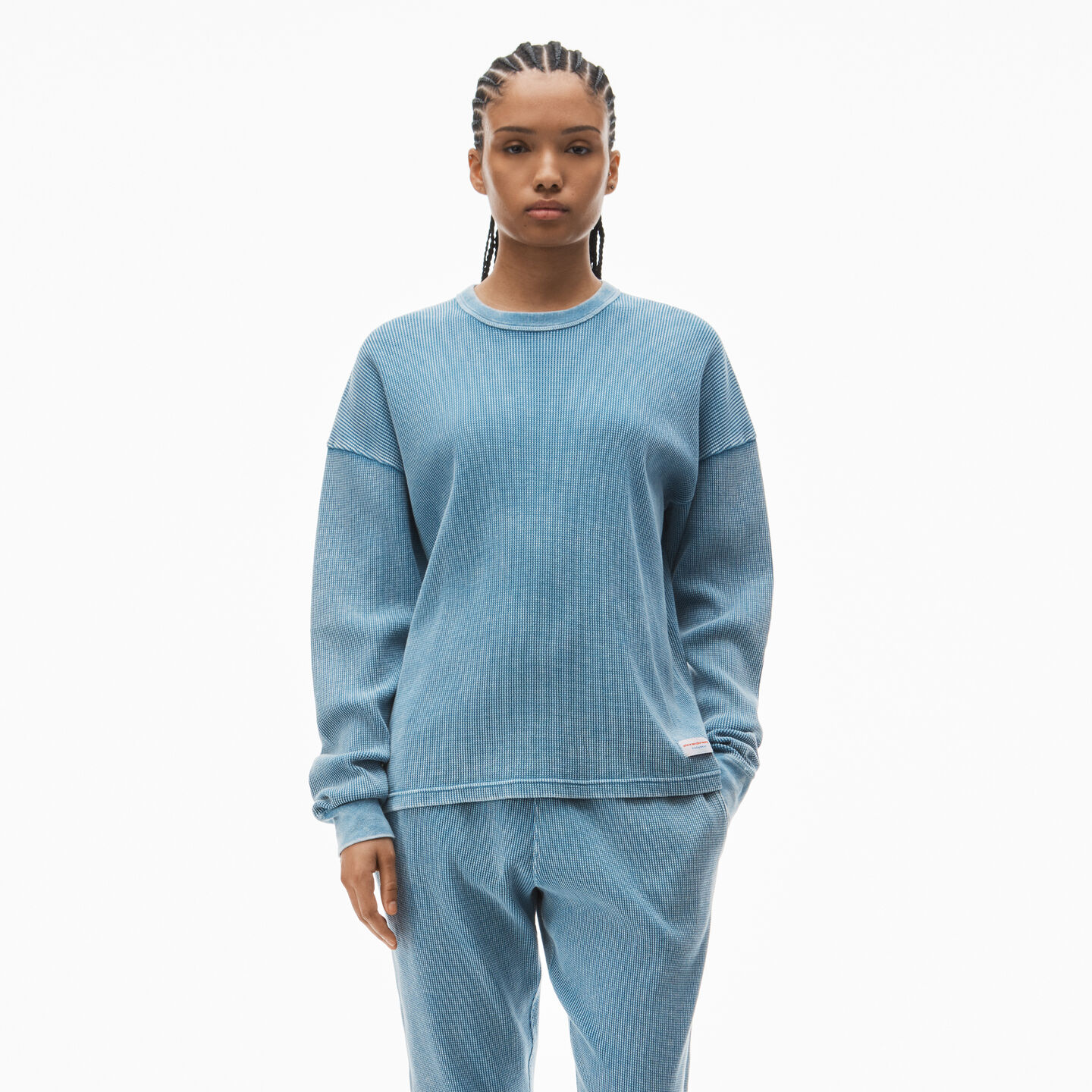Alexander Wang Long-sleeve Tee In Waffle-knit Cotton Stretch In Washed Blue
