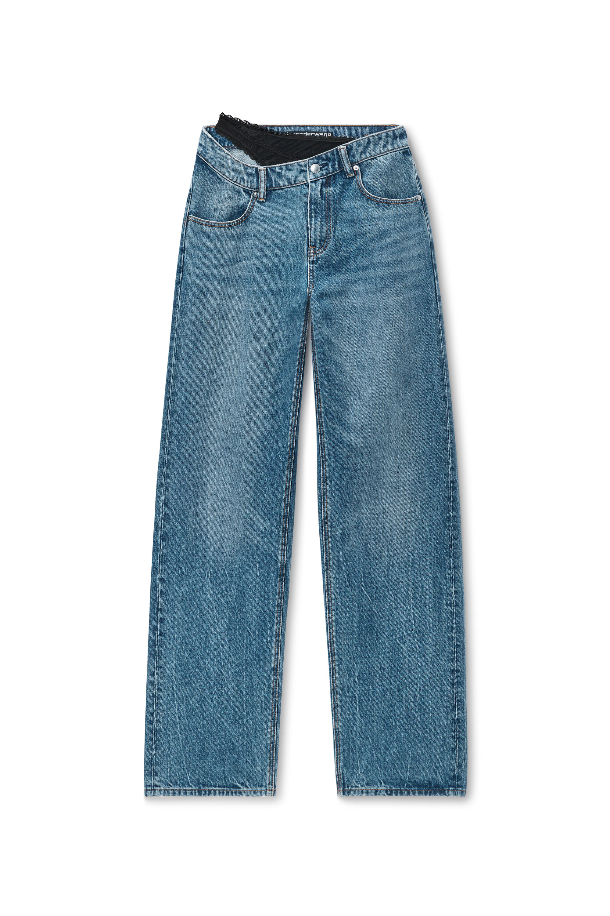 Pre-Styled Denim Jeans with Asymmetrical Lace Waistband in