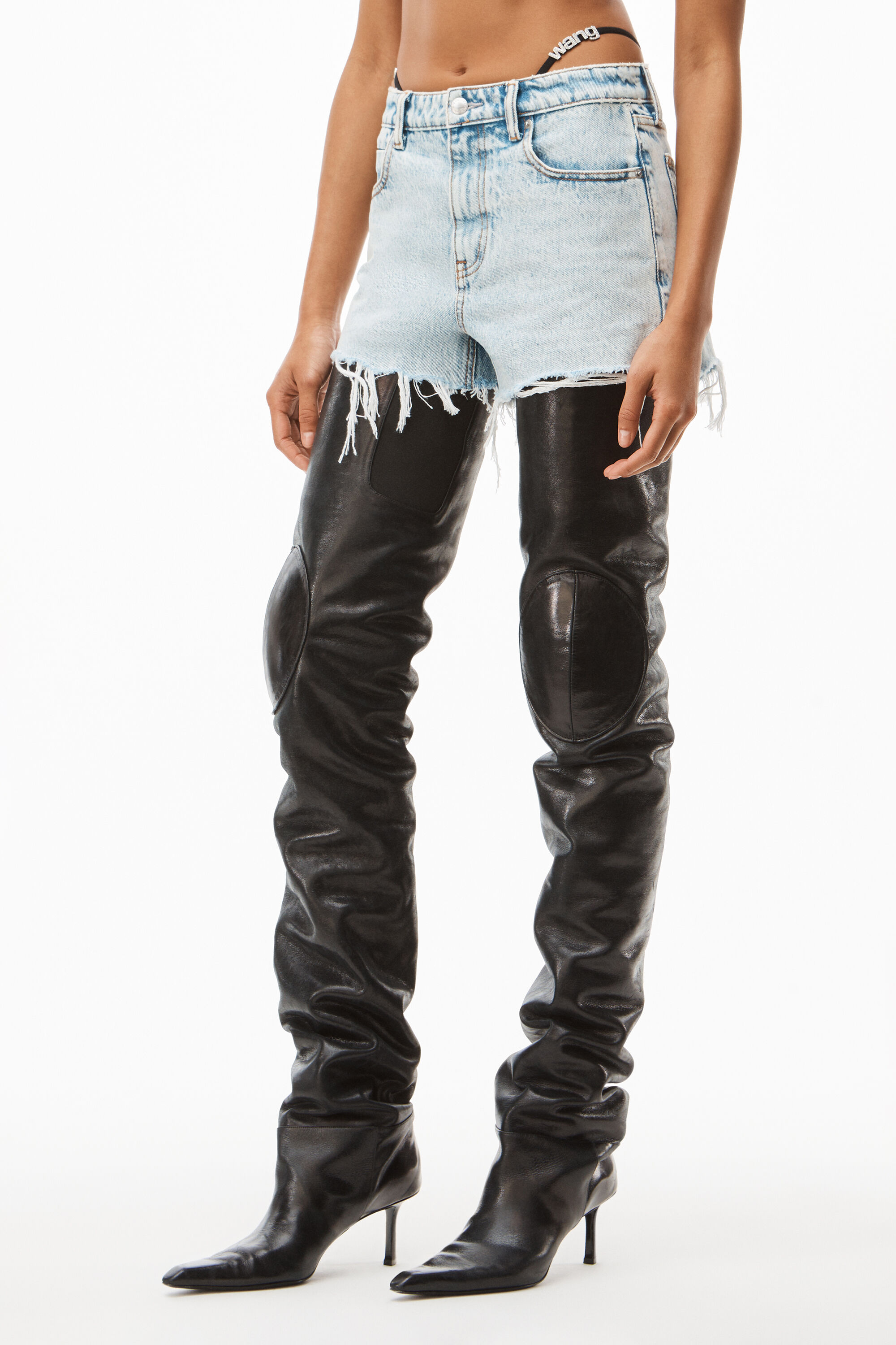 alexanderwang DIAMANTE LOGO STRAP LAYER SHORT IN DENIM PEBBLE 