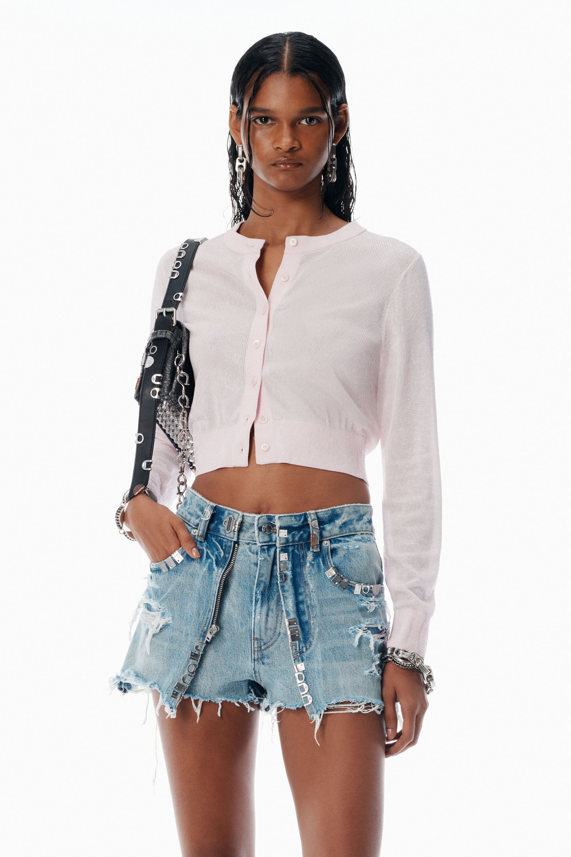 Pink Crystal Hotfix Cropped Cardigan in LIGHT PINK | alexanderwang®