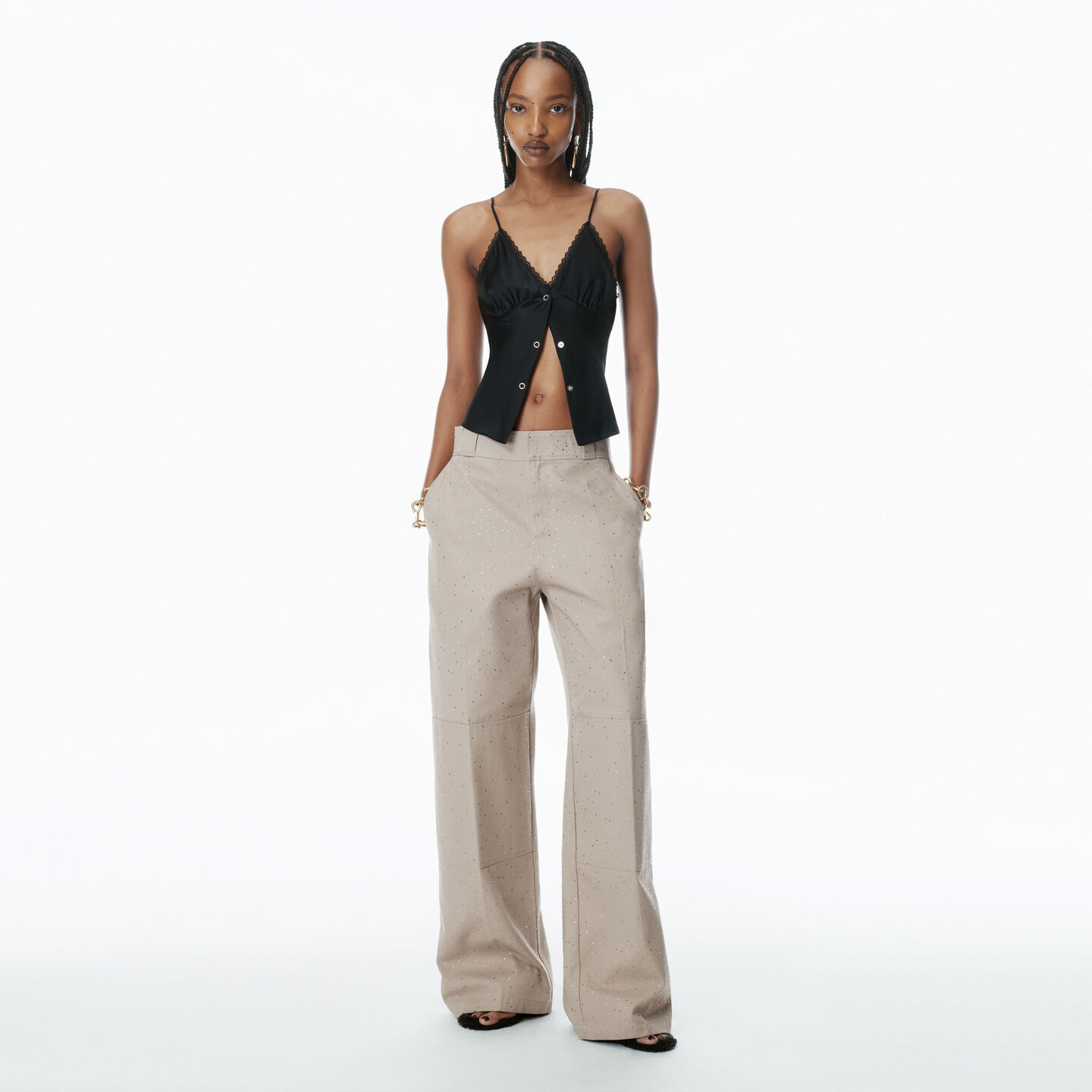 Alexander Wang Crystal Hotfix Workwear-inspired Pants In Khaki