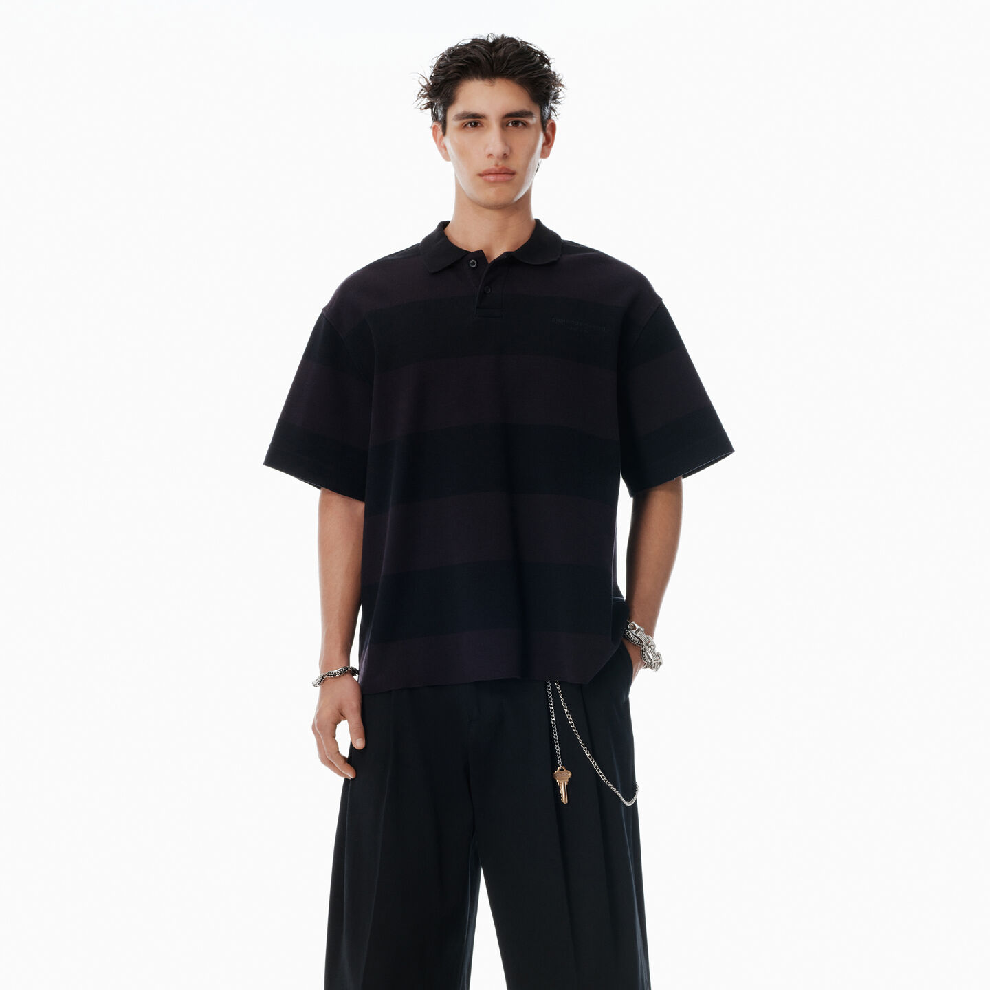 Alexander Wang Black Striped Cotton Pique Polo