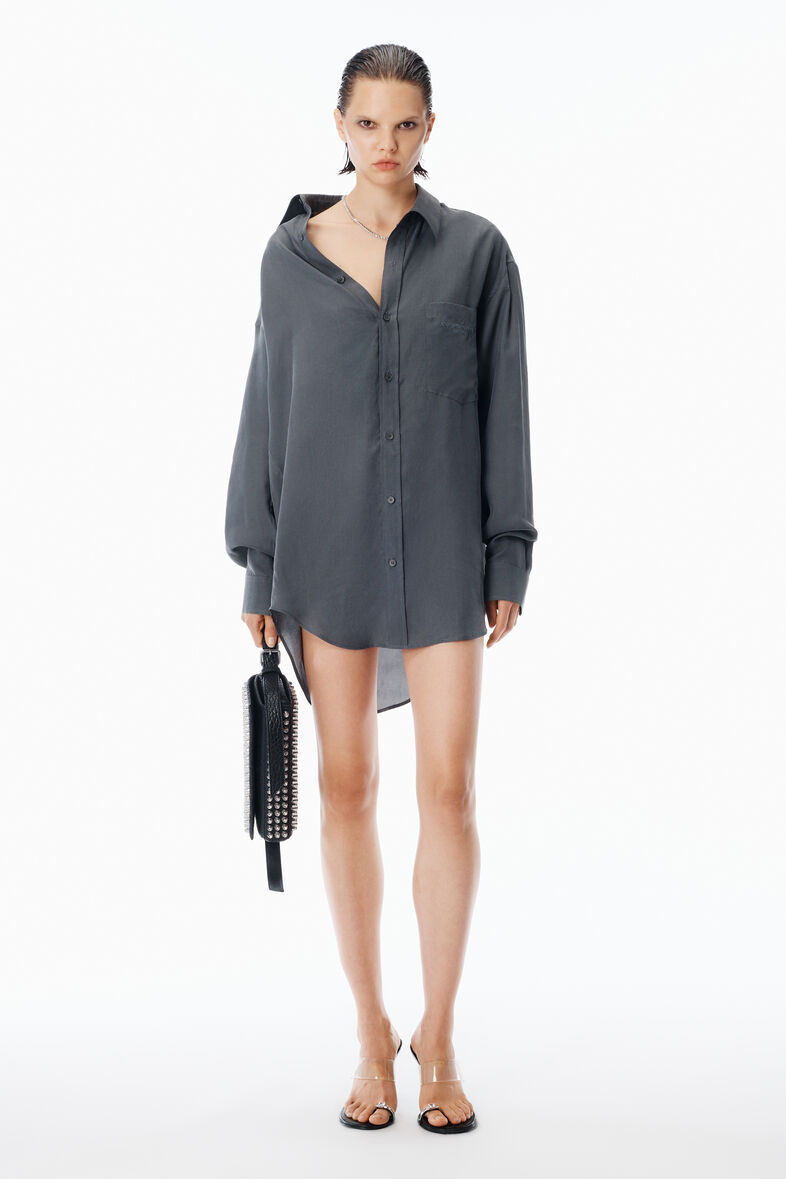 alexander wang falling off shoulder dress $700 ALEXANDER WANG FALLING SHOULDER SILK SHIRT-DRESS, BLACK SZ S/2