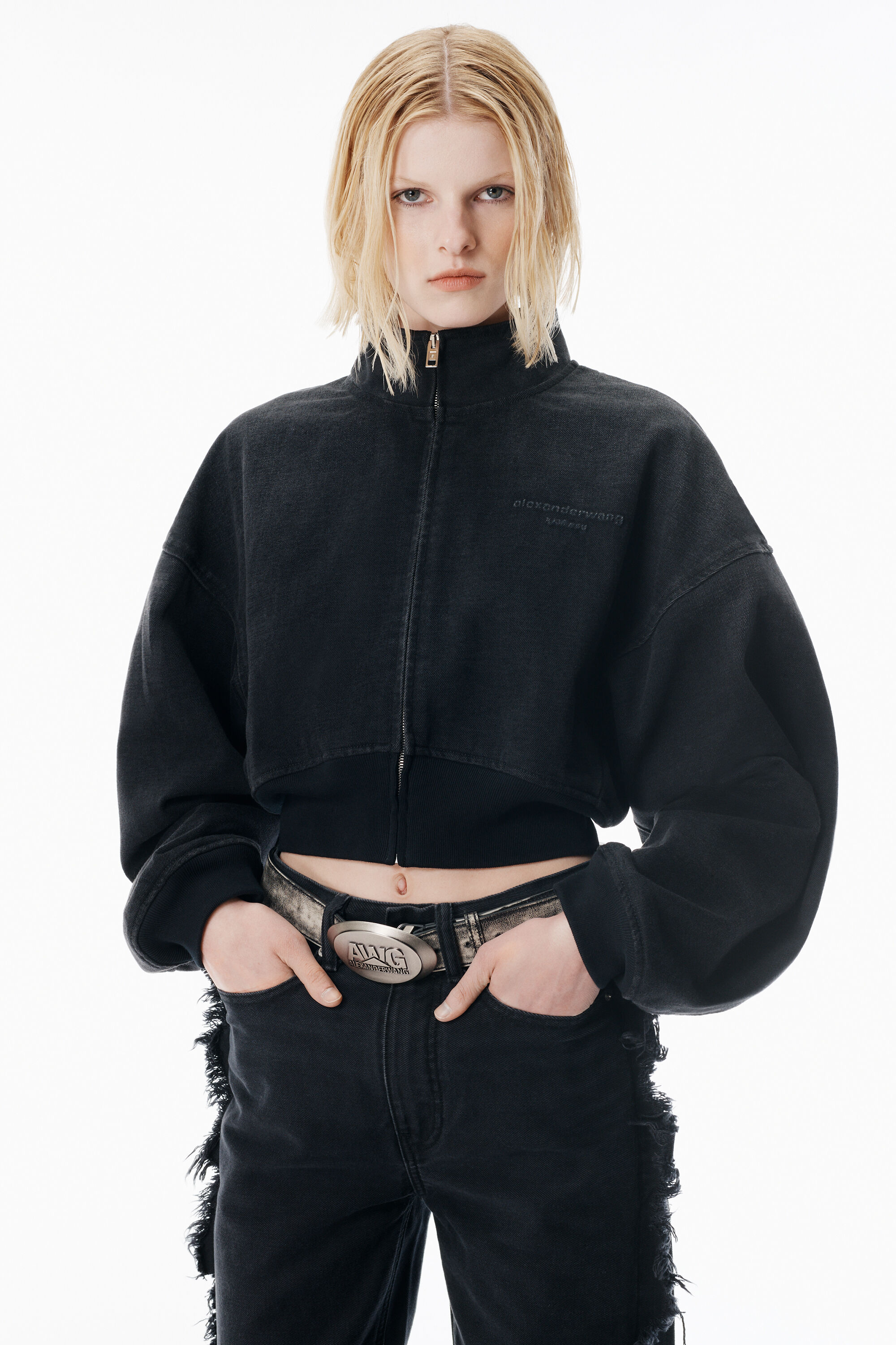 Black Brushed Denim Funnel Neck Jacket in FADED BLACK | alexanderwang®