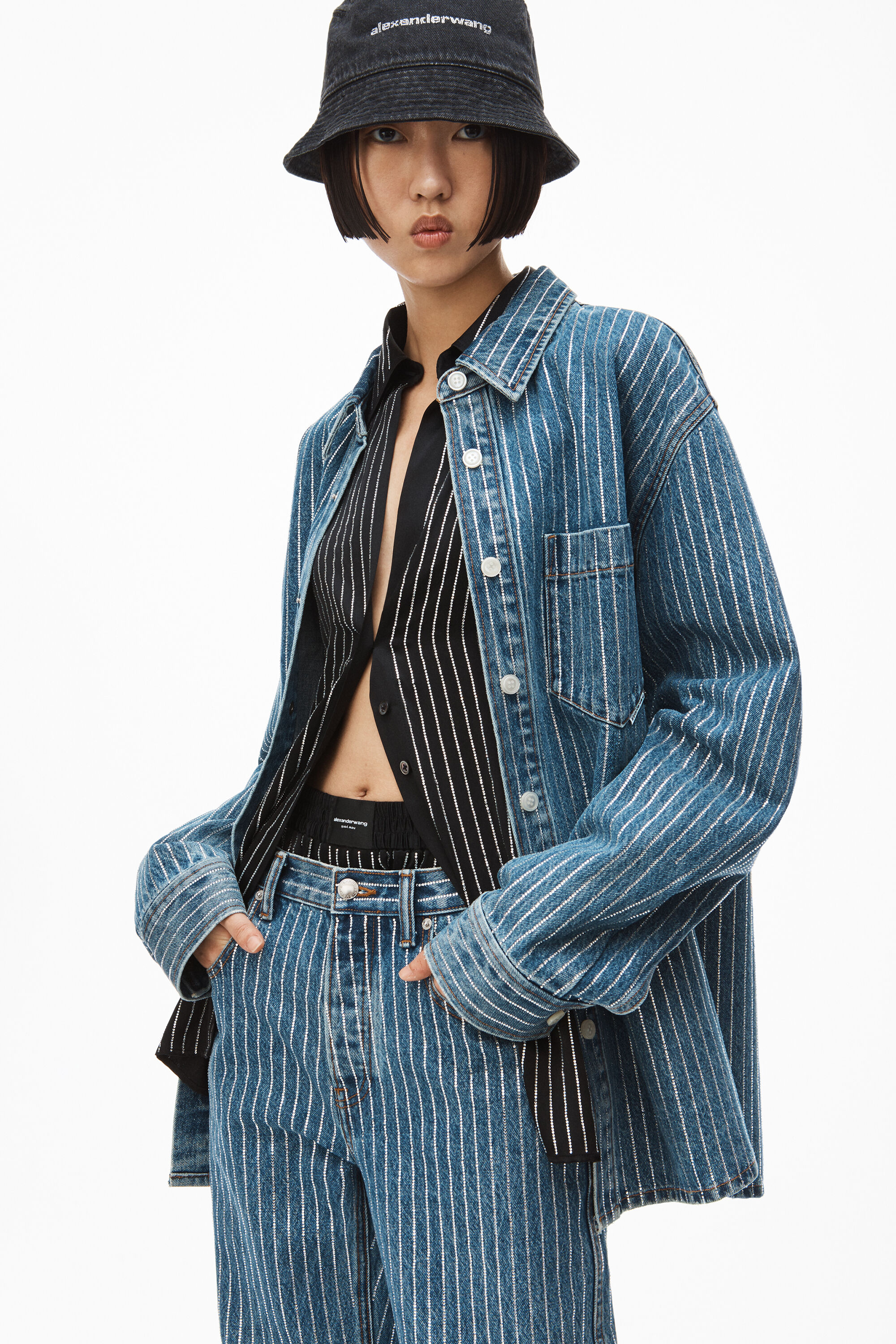 alexanderwang CRYSTAL STRIPE SKATER PANT IN DENIM DEEP alexanderwang CRYSTAL STRIPE SKATER PANT IN DENIM DEEP