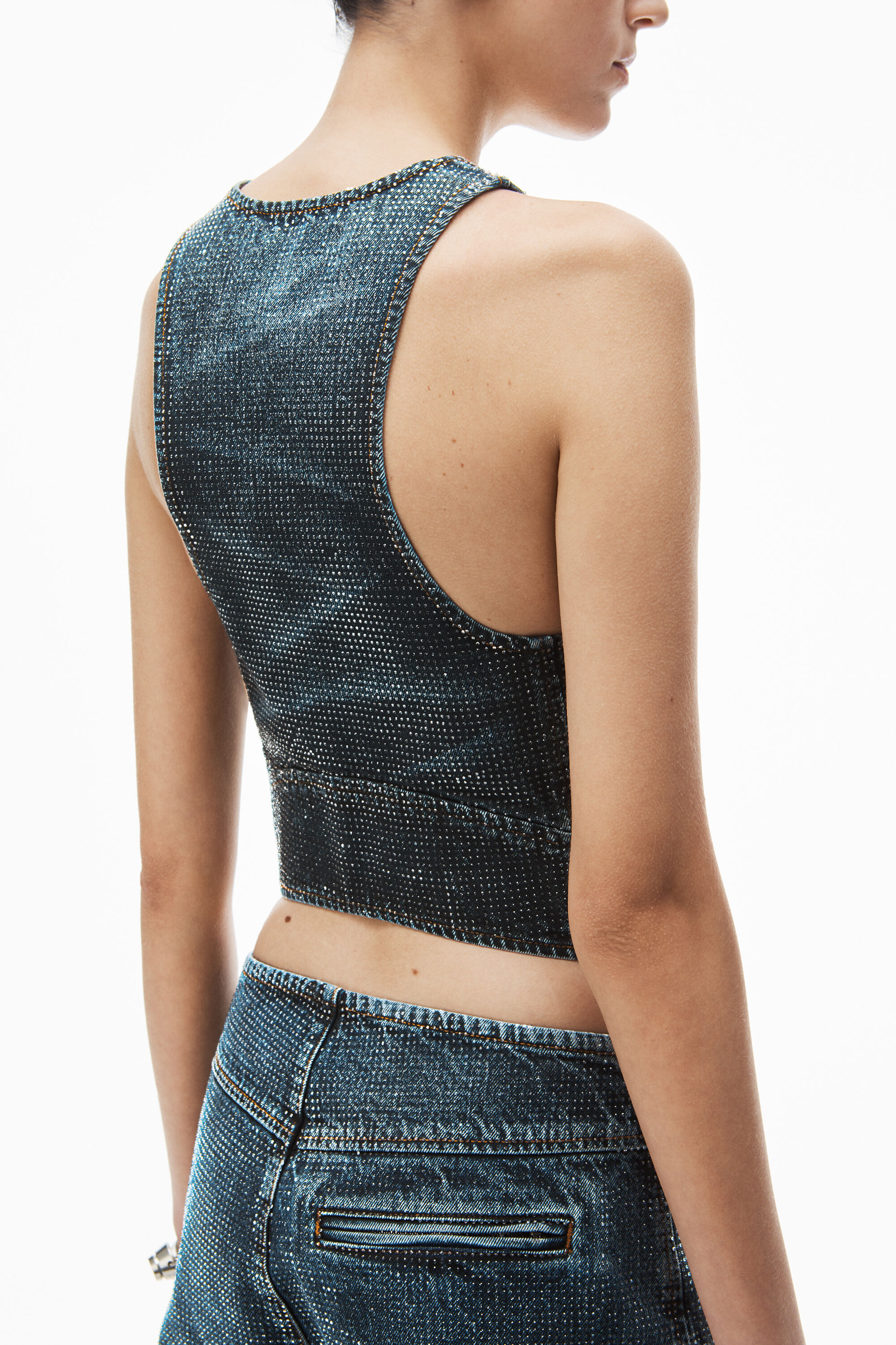 clear crystal hotfix vest in cotton denim in BLACK CRACKLE