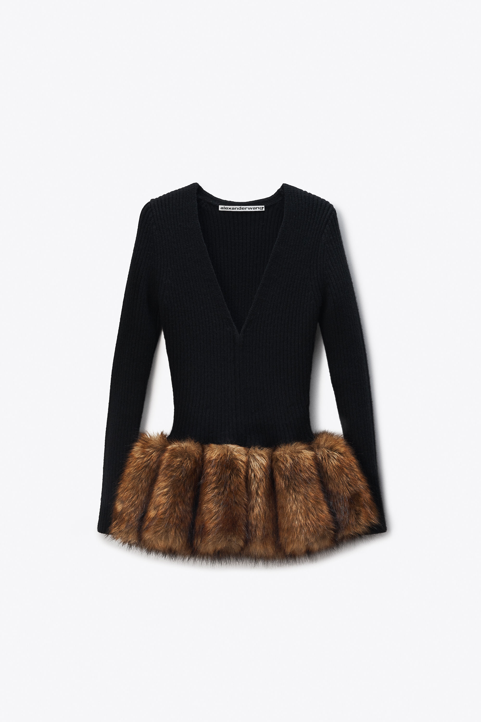 Zip Cardigan in Faux Fur-Trimed Wool in BLACK | alexanderwang®