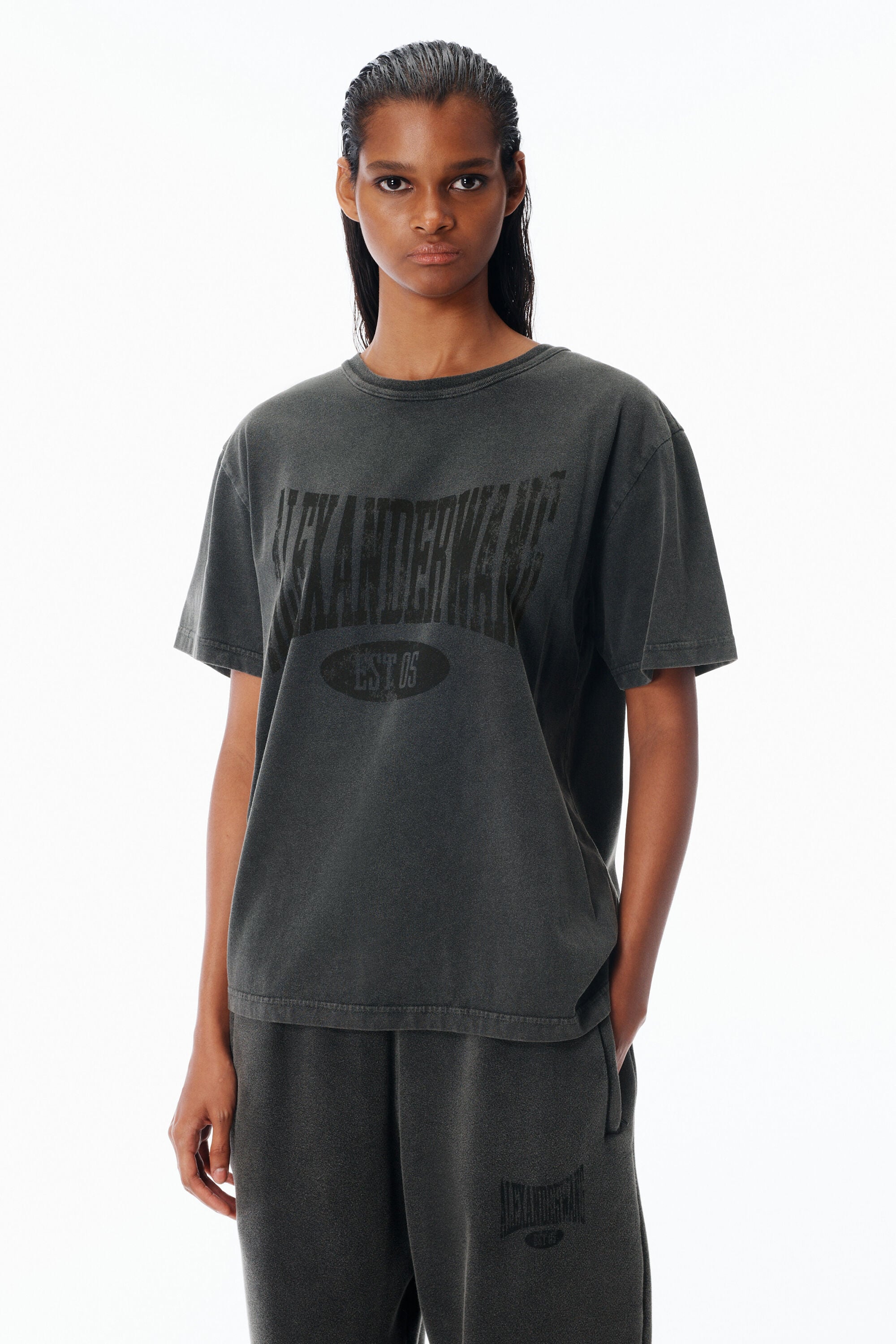 Distressed Logo Cotton Tee in FADED BLACK | alexanderwang®