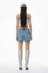 Alexander Wang classic worn indigo high-waist workwear shorts in clear bead hotfix