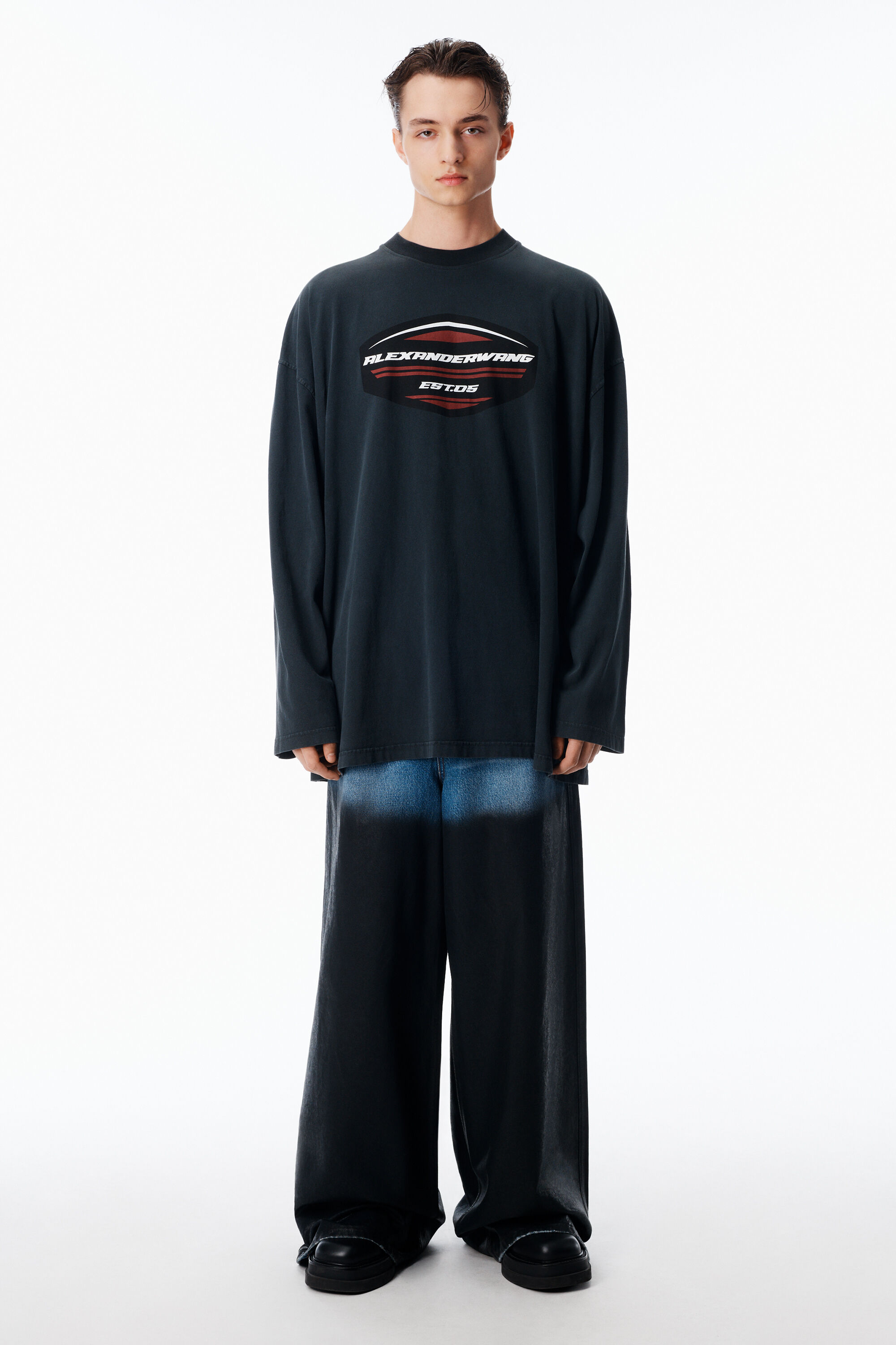 Unisex Long Sleeve Shield Graphic Tee in Jersey Oversized in