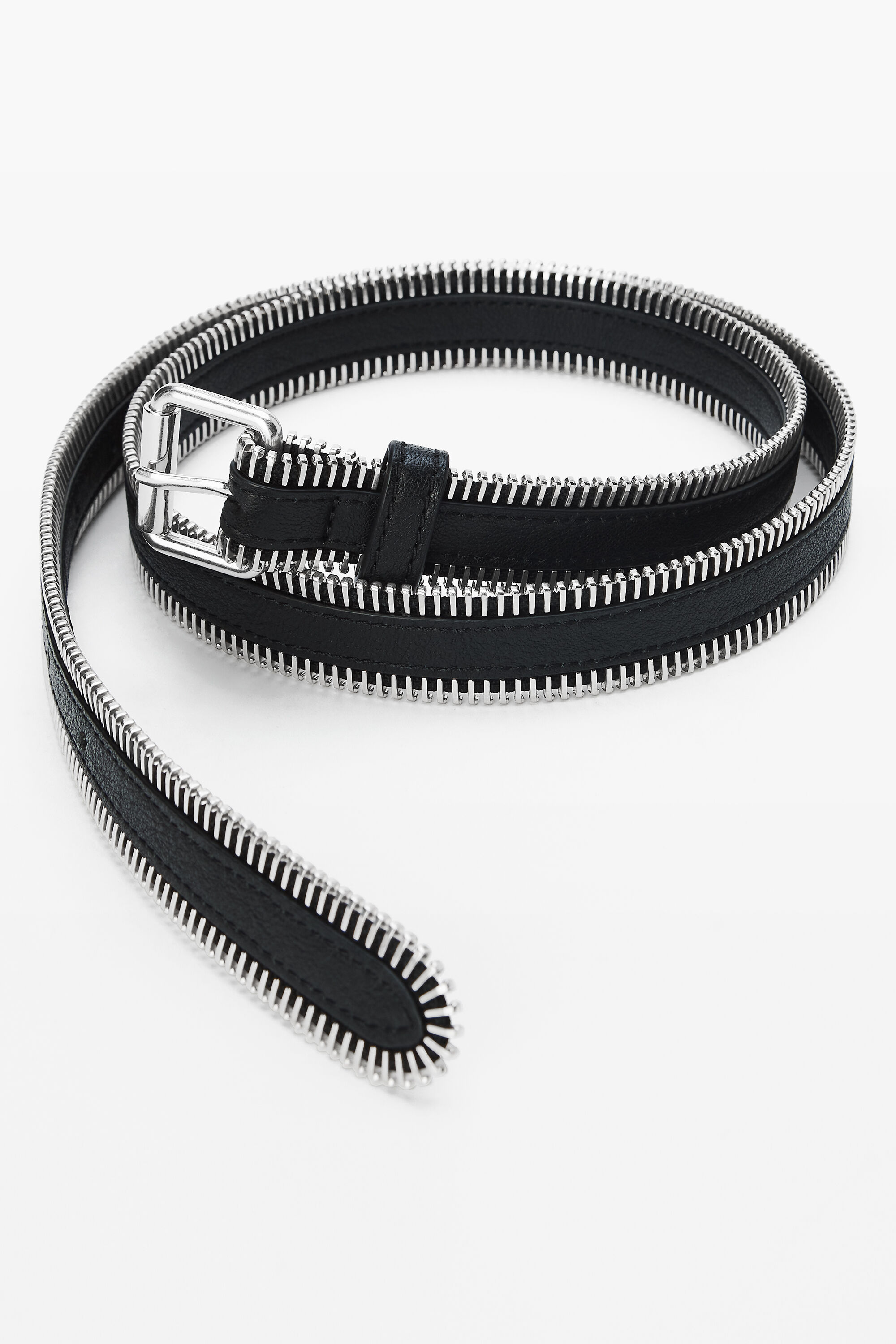Thin Zipper Belt in Crinkle Leather in BLACK/SILVER | alexanderwang®