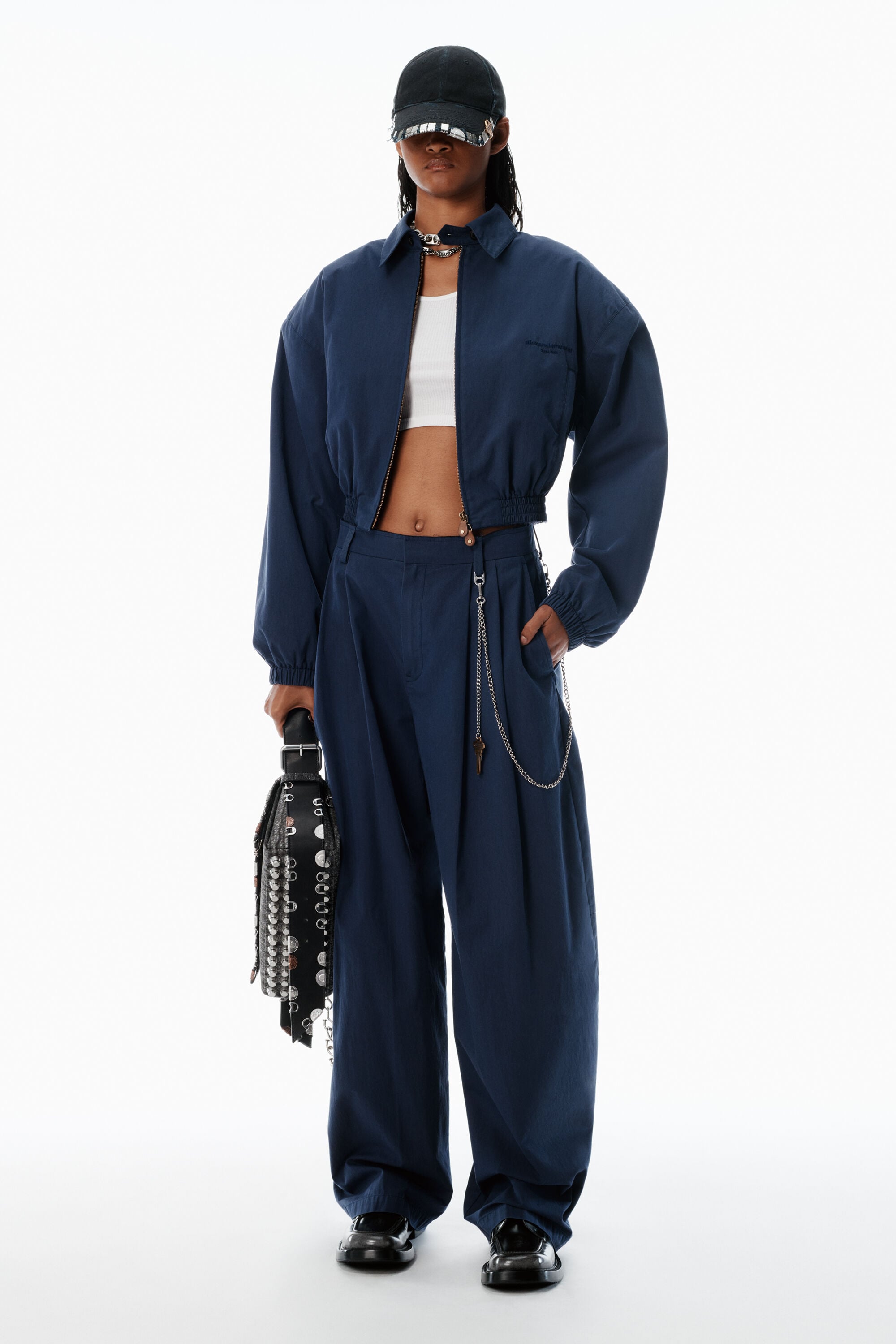 Blue Cotton-Blend Balloon-Leg Pants