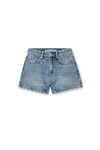 Alexander Wang classic worn indigo high-waist workwear shorts in clear bead hotfix