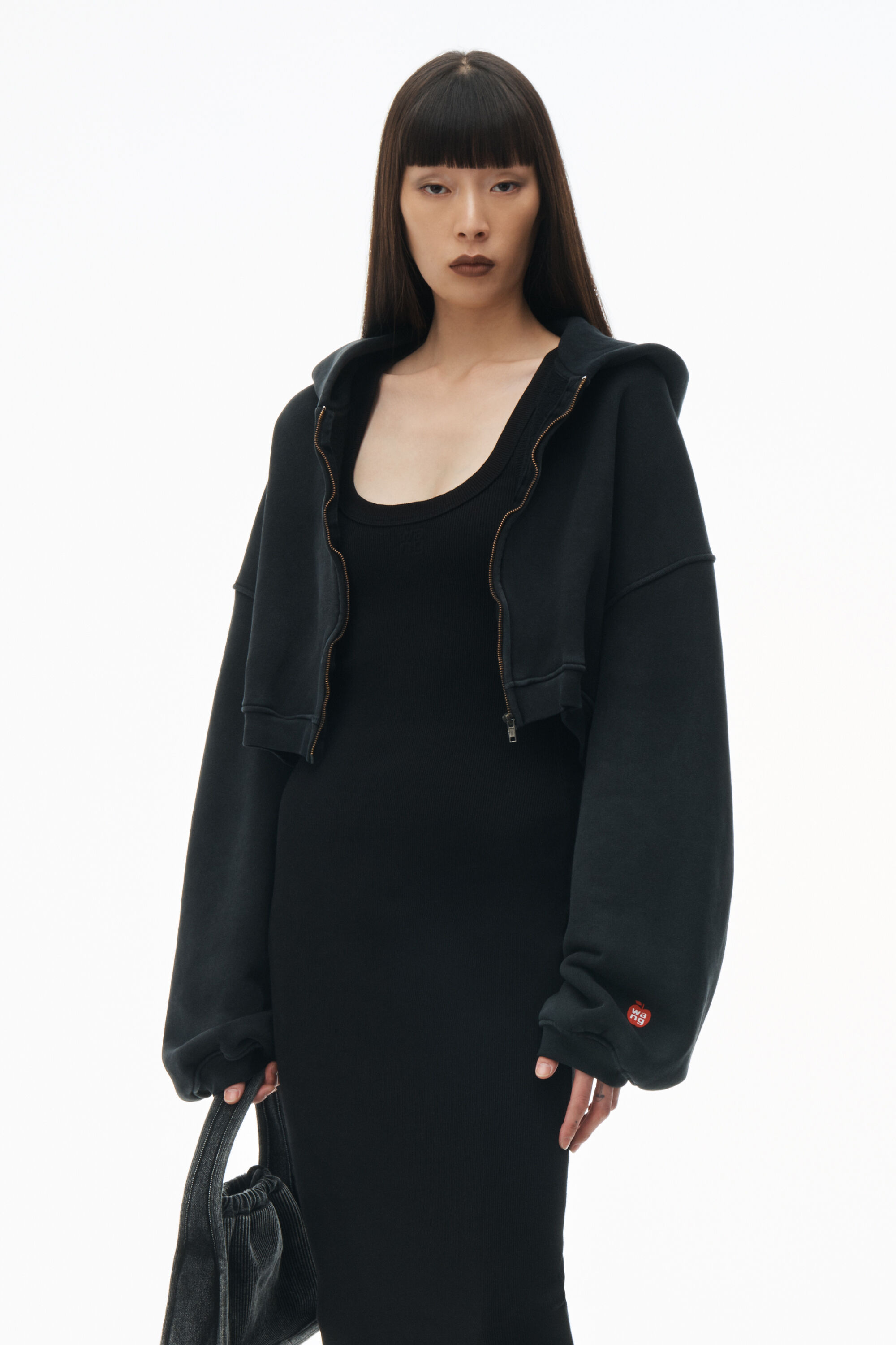 Cropped Zip Up Hoodie in Classic Terry in WASHED JET BLACK