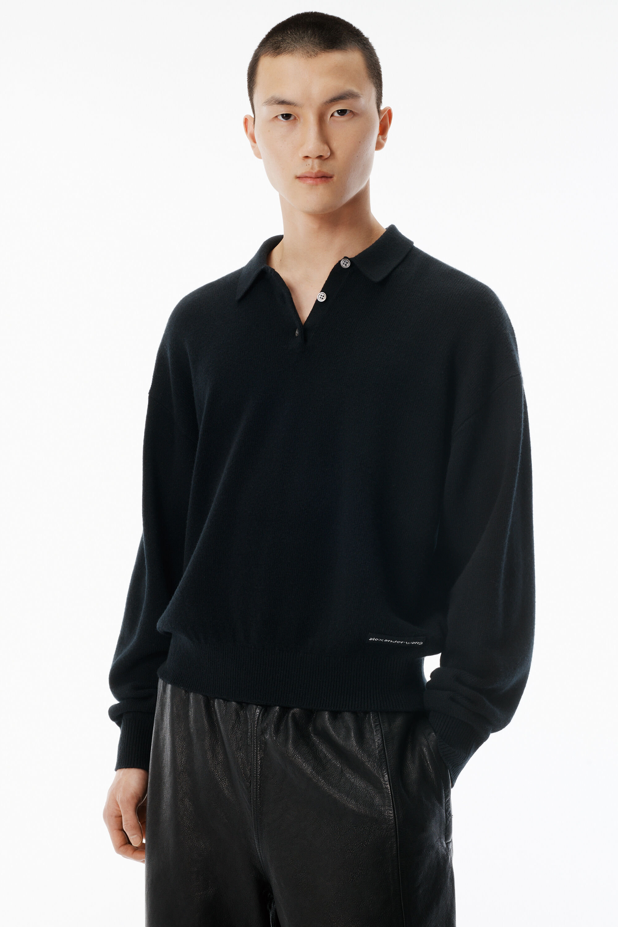 Black Wool-Blend Henley Pullover in BLACK | alexanderwang®