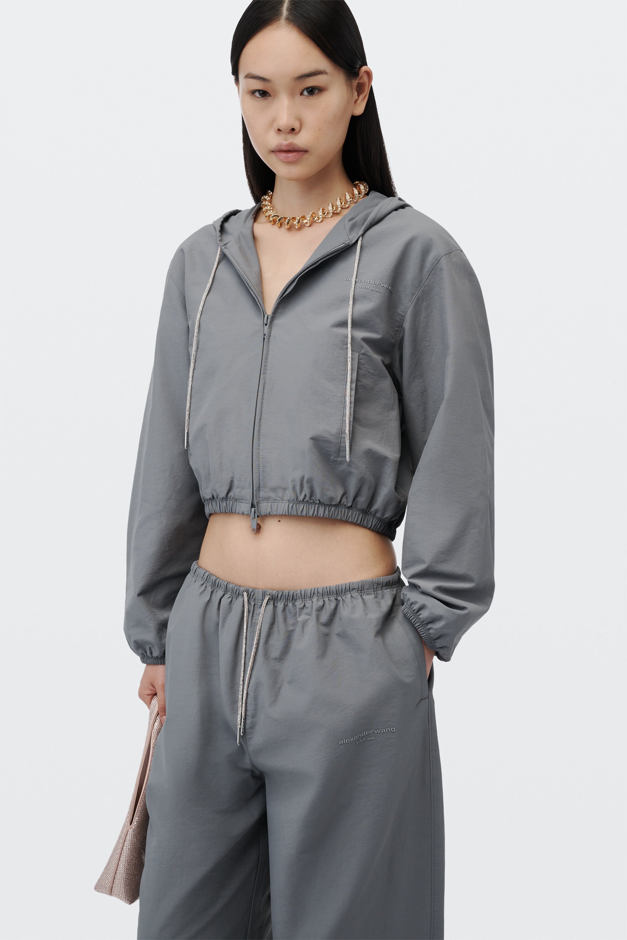 CRYSTAL HOTFIX DRAWCORD SHRUNKEN HOODIE JACKET in STEEL GREY