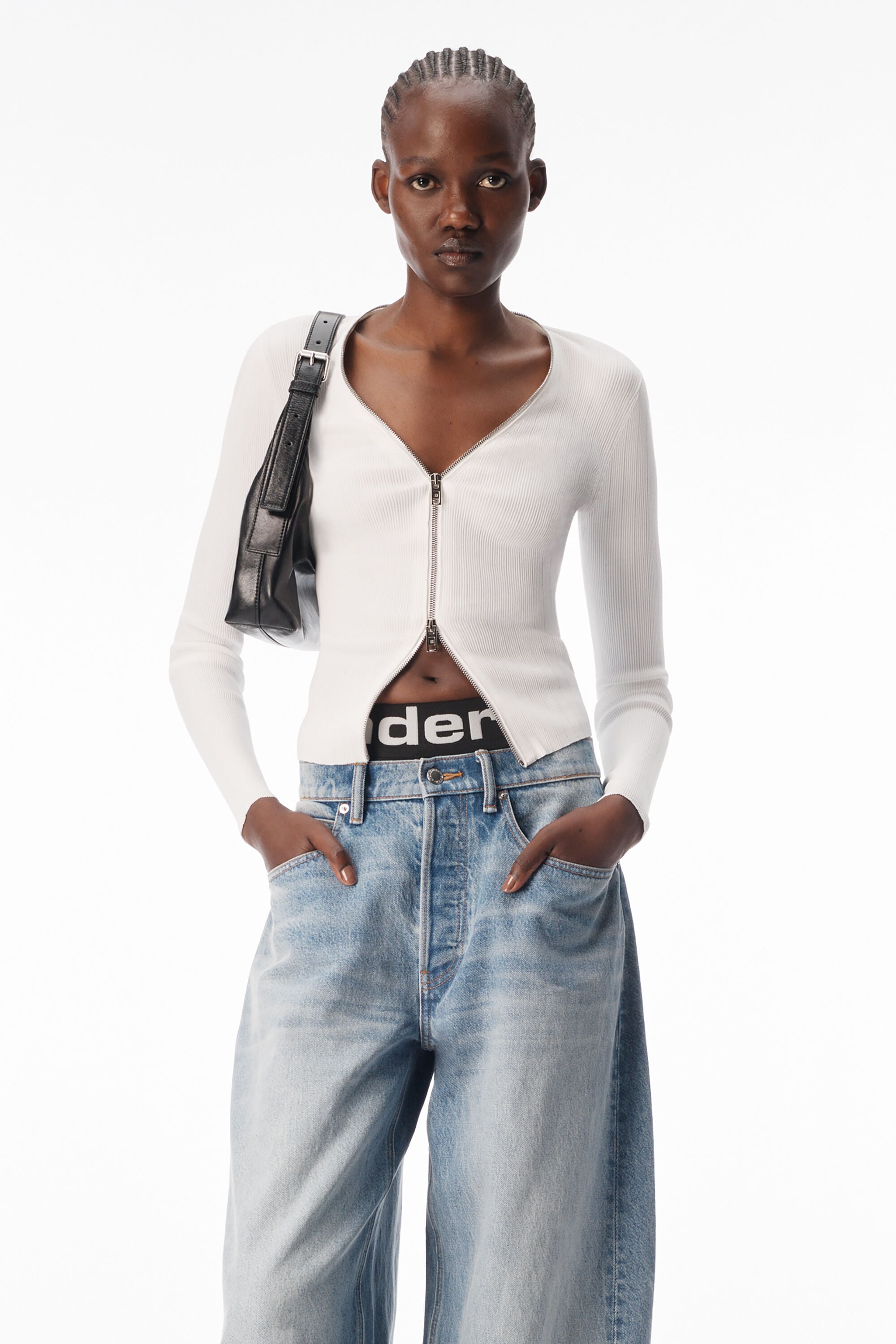 V-NECK LONG SLEEVE POINTELLE ZIP CARDIGAN in WHITE | alexanderwang®