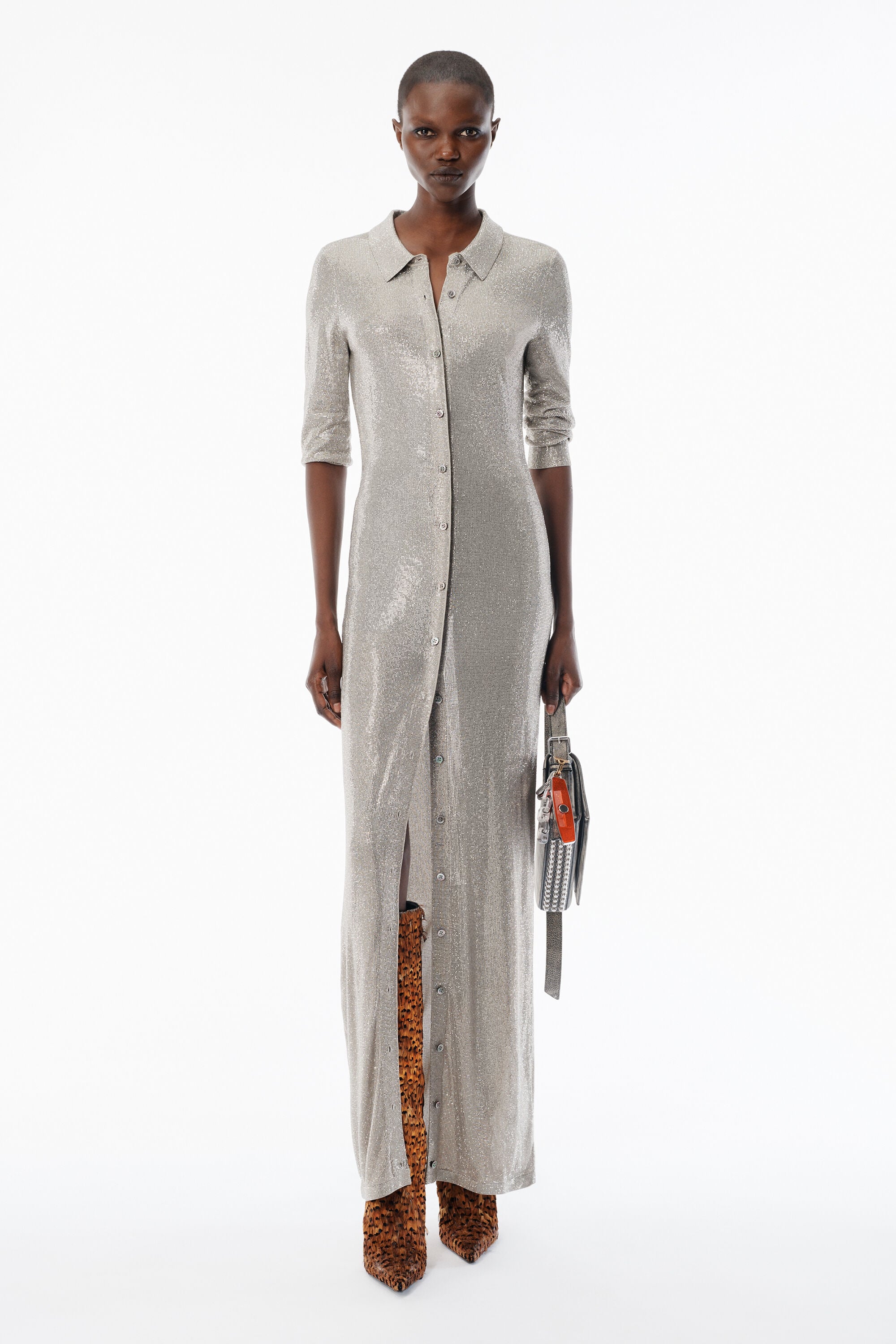 Champagne Crystal Hotfix Long-Sleeve Polo Dress