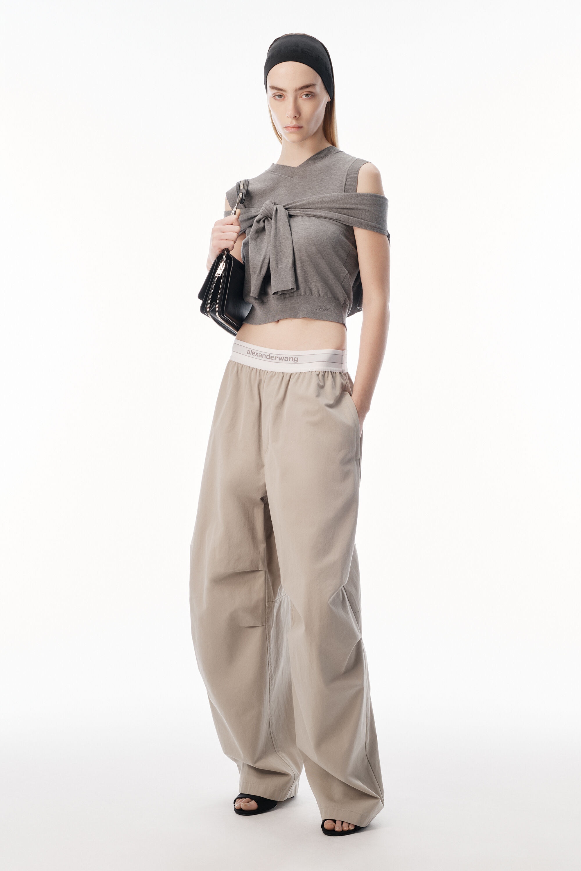 Mid-Rise Pleated Wide-Leg Pant with Logo Elastic Waist in STONE