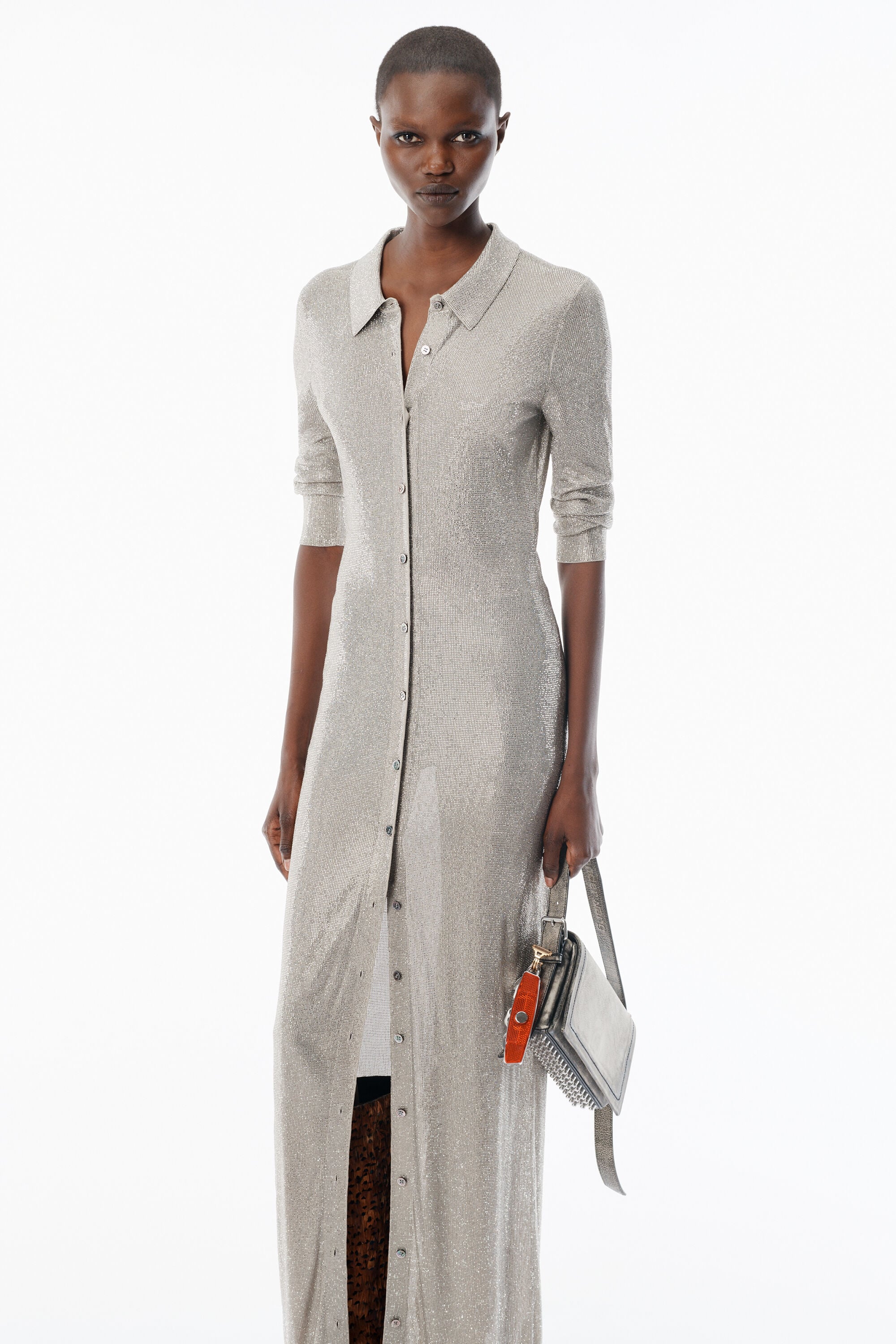 Champagne Crystal Hotfix Long-Sleeve Polo Dress