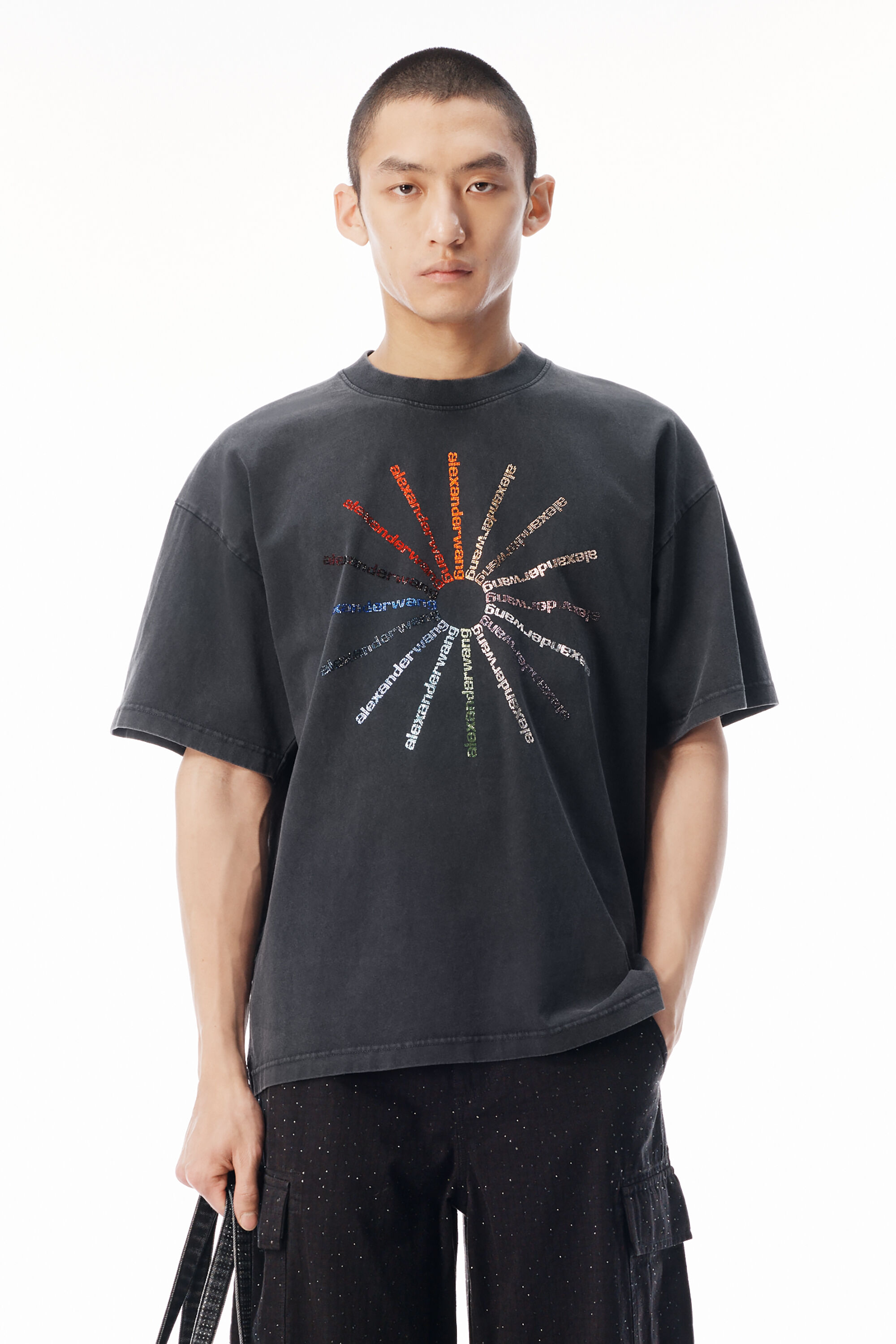 CRYSTAL HOTFIX PINWHEEL SHORT SLEEVE TEE in WASHED BLACK