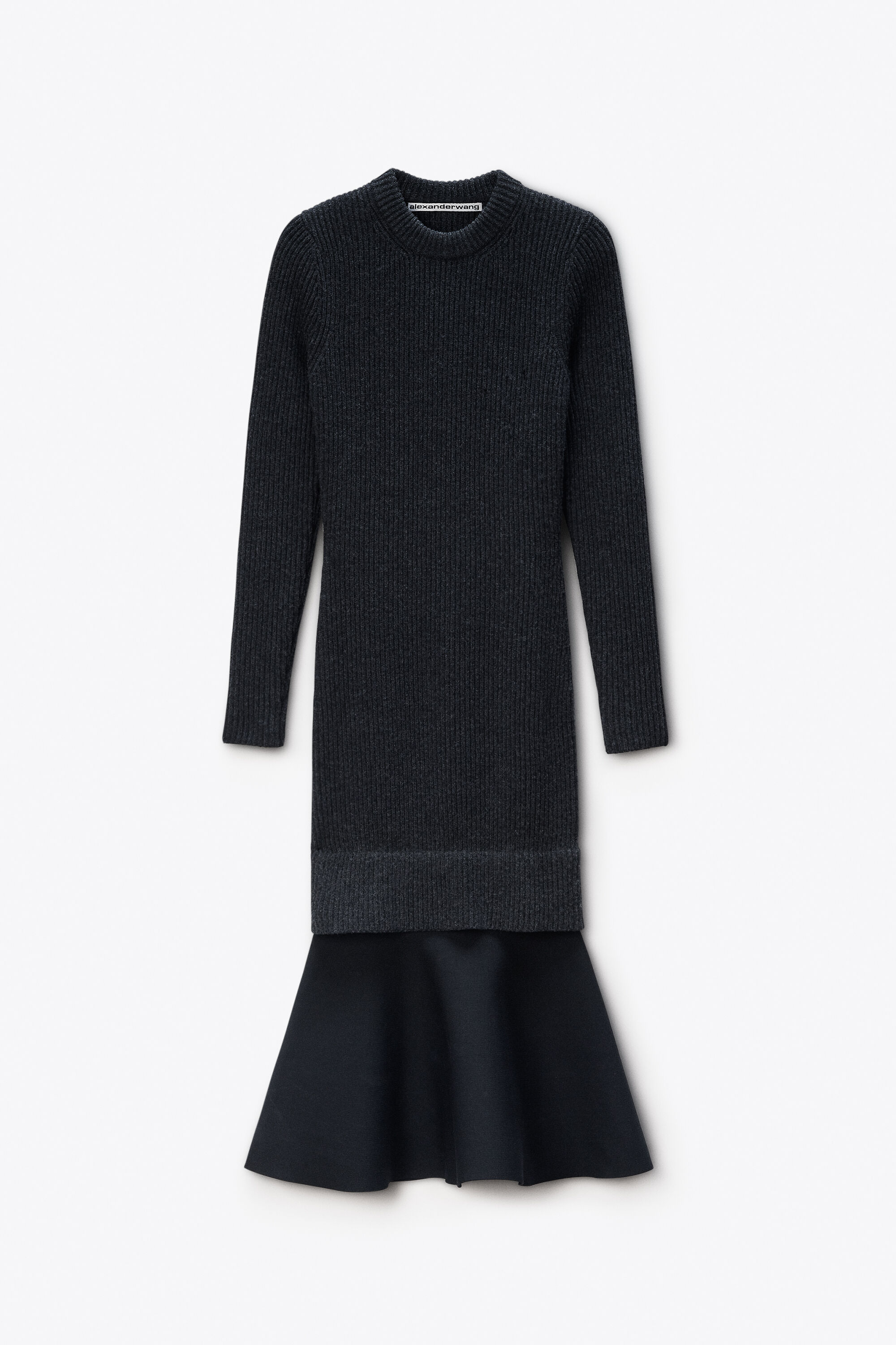 Ribbed Long-Sleeve Dress in Wool in CHARCOAL | alexanderwang®