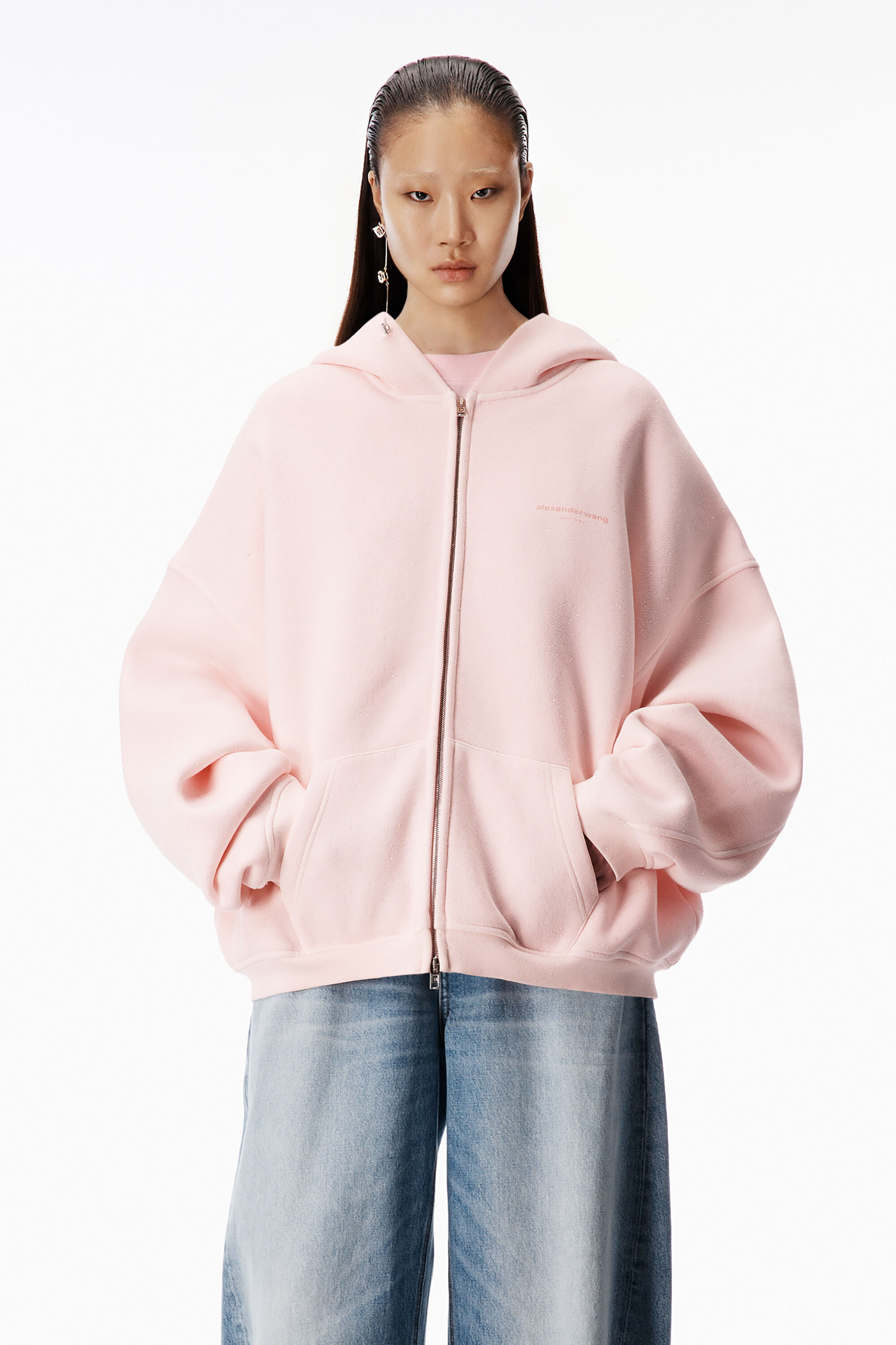 CRYSTAL HOTFIX ZIP UP HOODIE in LIGHT PINK | alexanderwang®