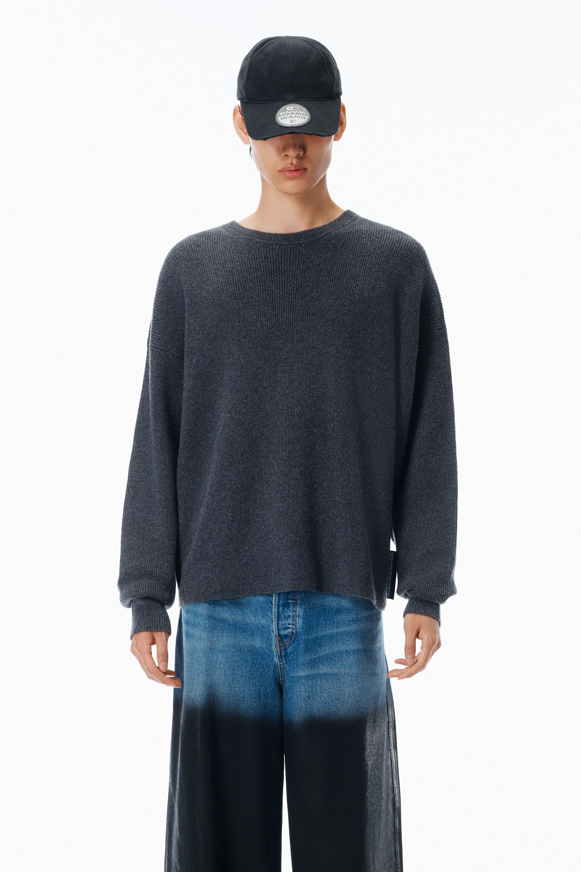 crewneck pullover in stretch wool cotton in DARK GREY MELANGE