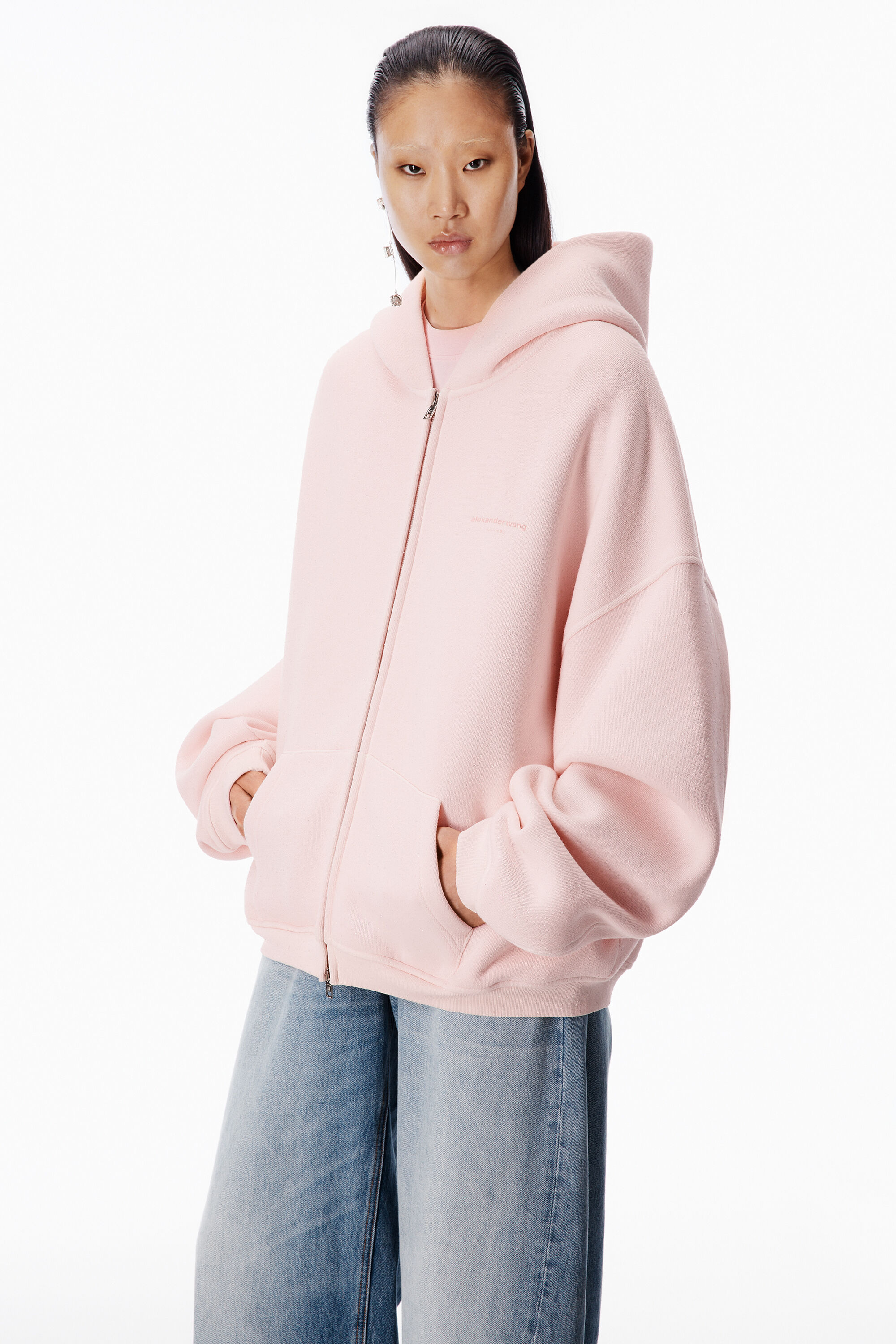 CRYSTAL HOTFIX ZIP UP HOODIE in LIGHT PINK | alexanderwang®
