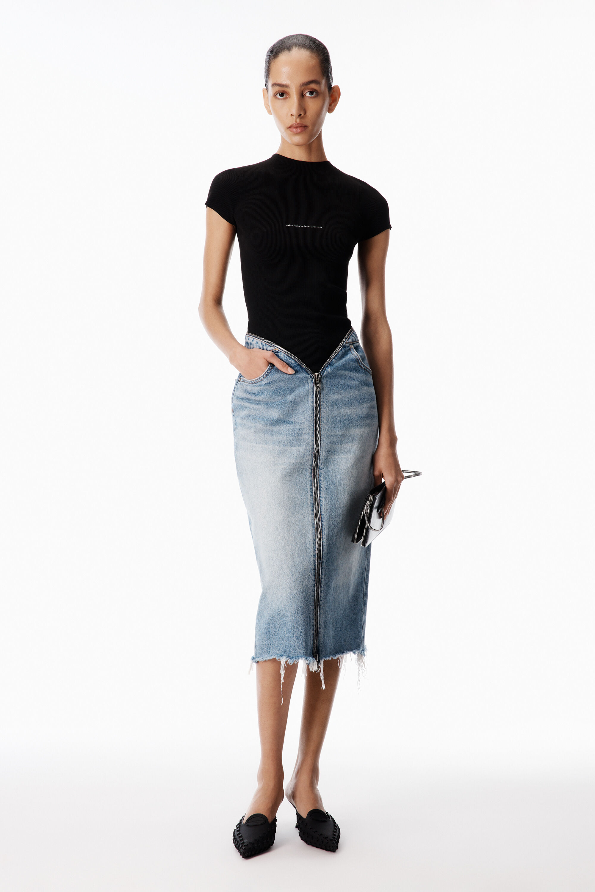 Zip V-Waist Skirt in AUTHENTIC LIGHT INDIGO | alexanderwang®