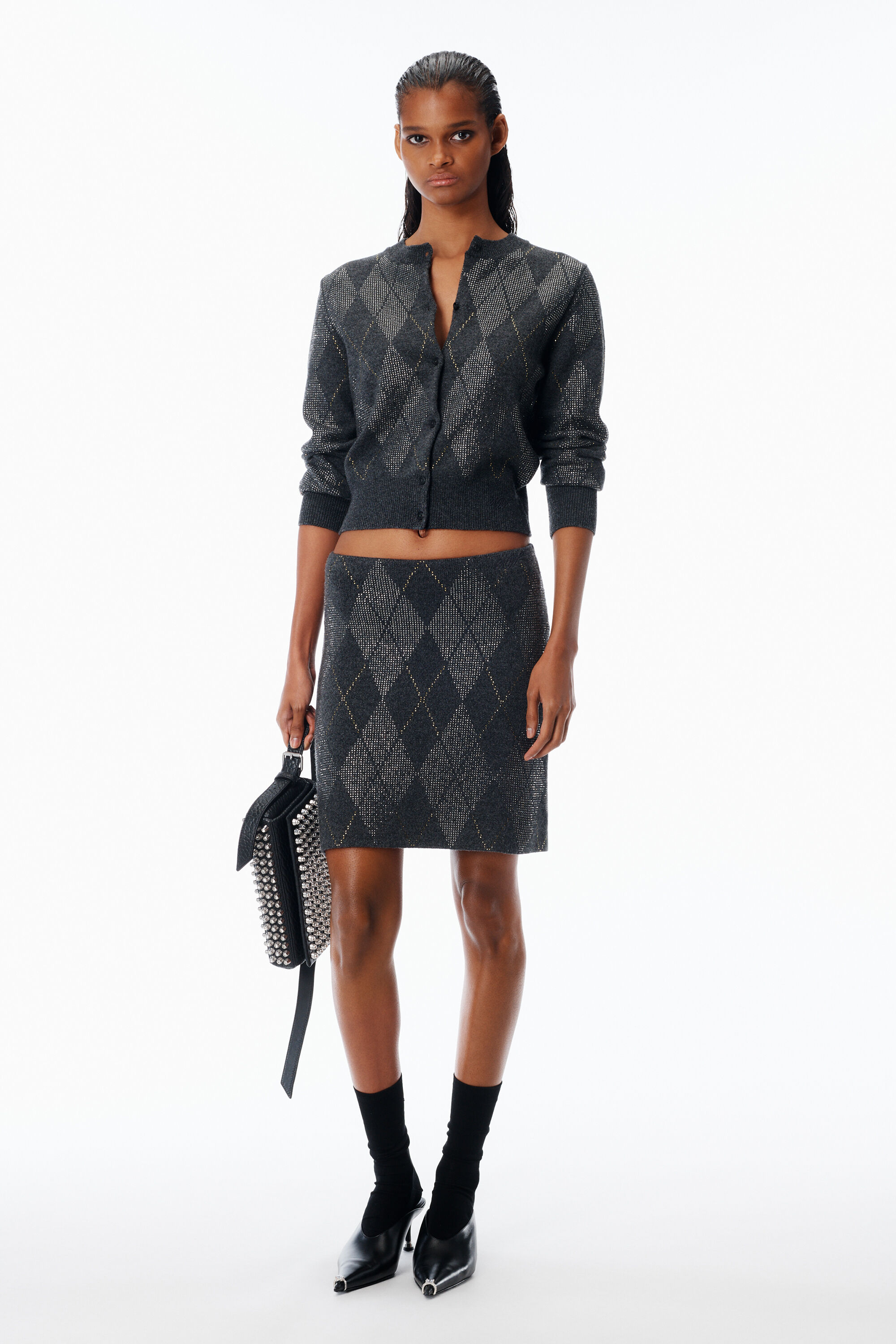 Crystal Hotfix Wool-Blend Argyle Cardigan in GRAPHITE | alexanderwang®