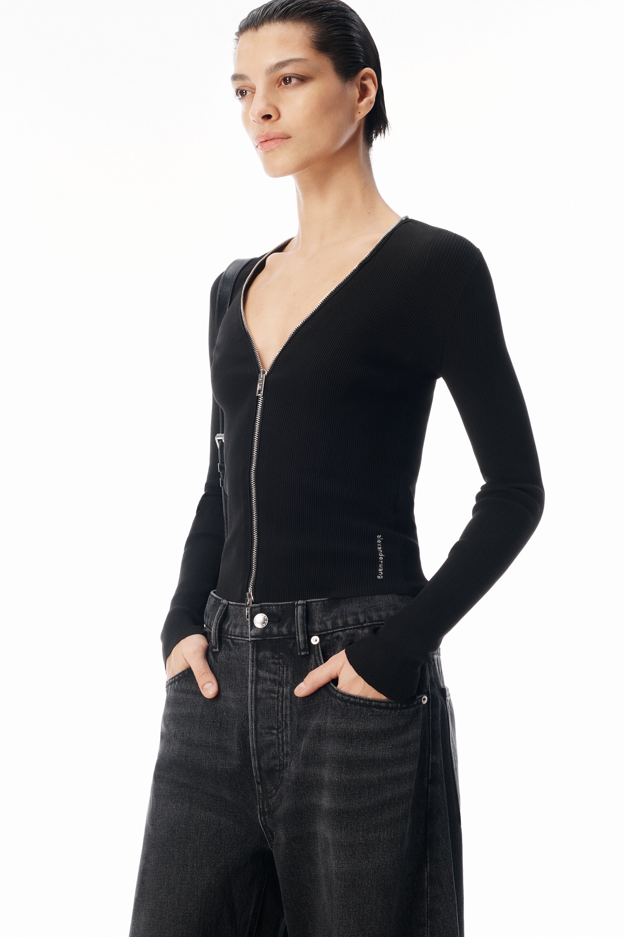 V-NECK LONG SLEEVE POINTELLE ZIP CARDIGAN in BLACK | alexanderwang®