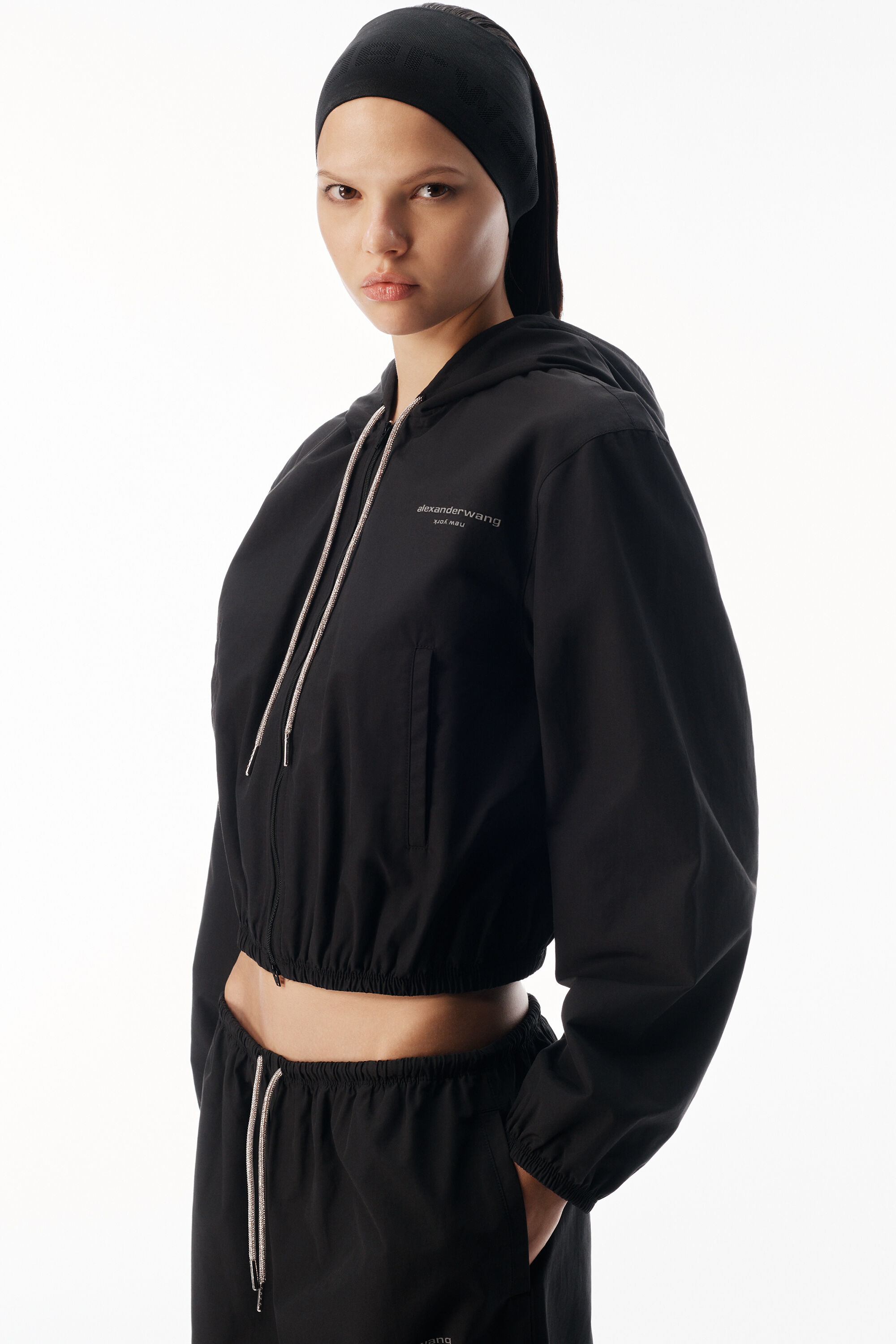 Cropped Zip-Up Hoodie with Crystal Drawcord in BLACK | alexanderwang®