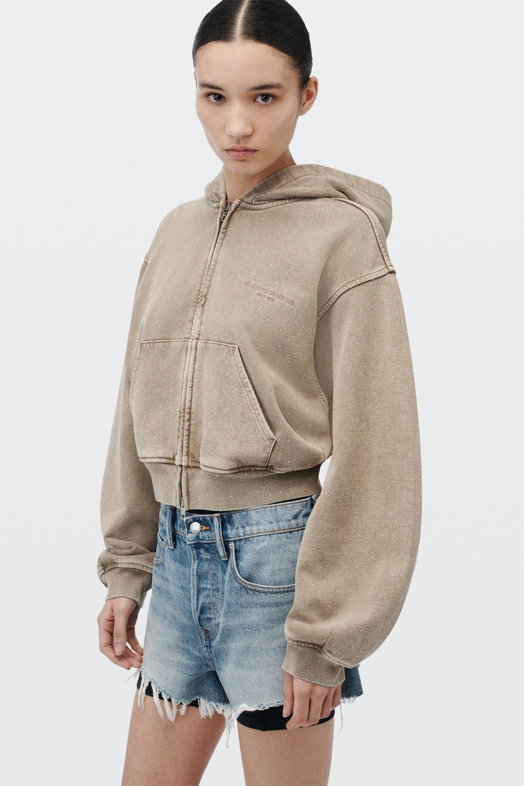 ALL-OVER CRYSTAL ZIP UP HOODIE in FALLEN ROCK | alexanderwang®