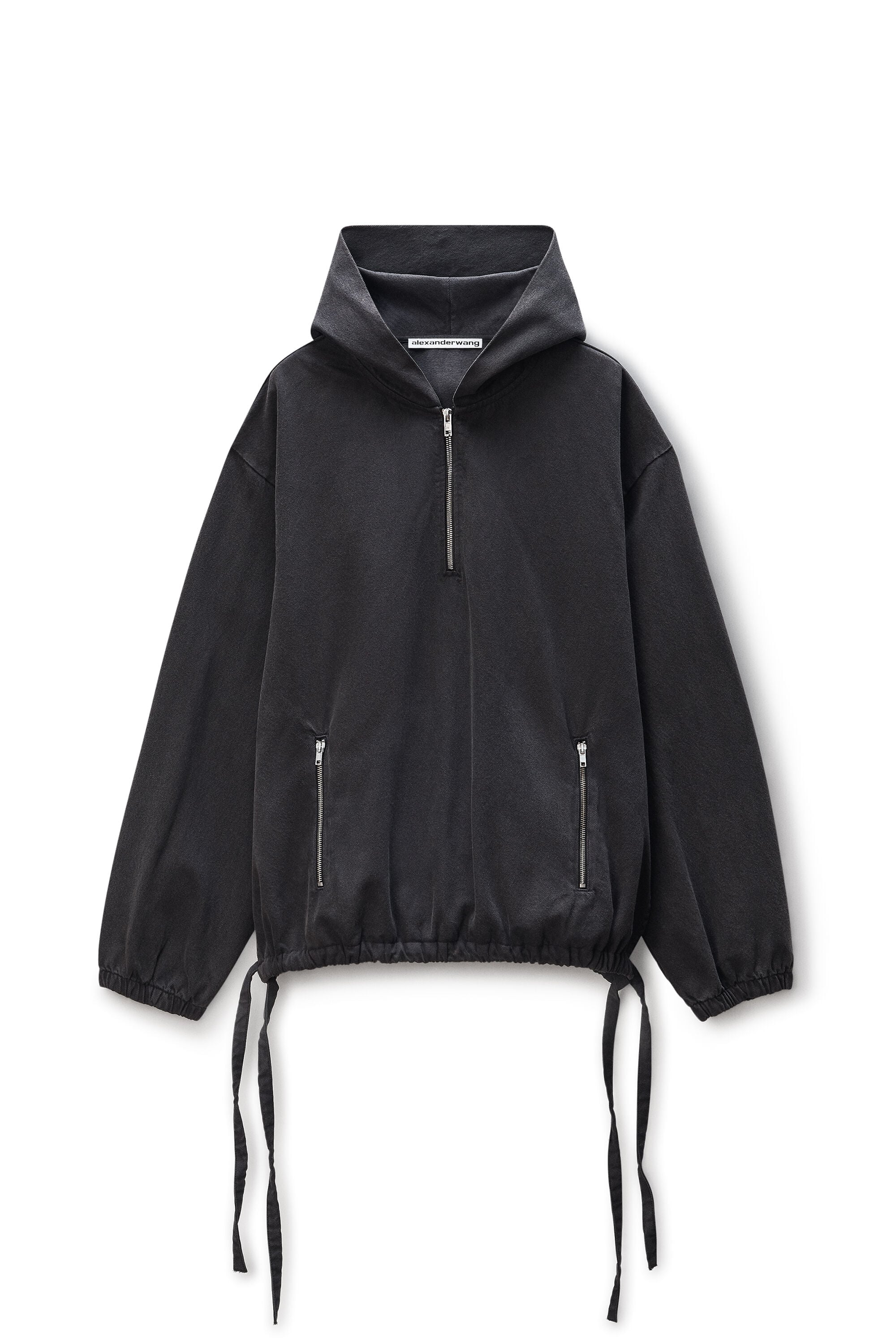 Grey Half-Zip Cotton Hoodie in WASHED BLACK BEAN | alexanderwang®