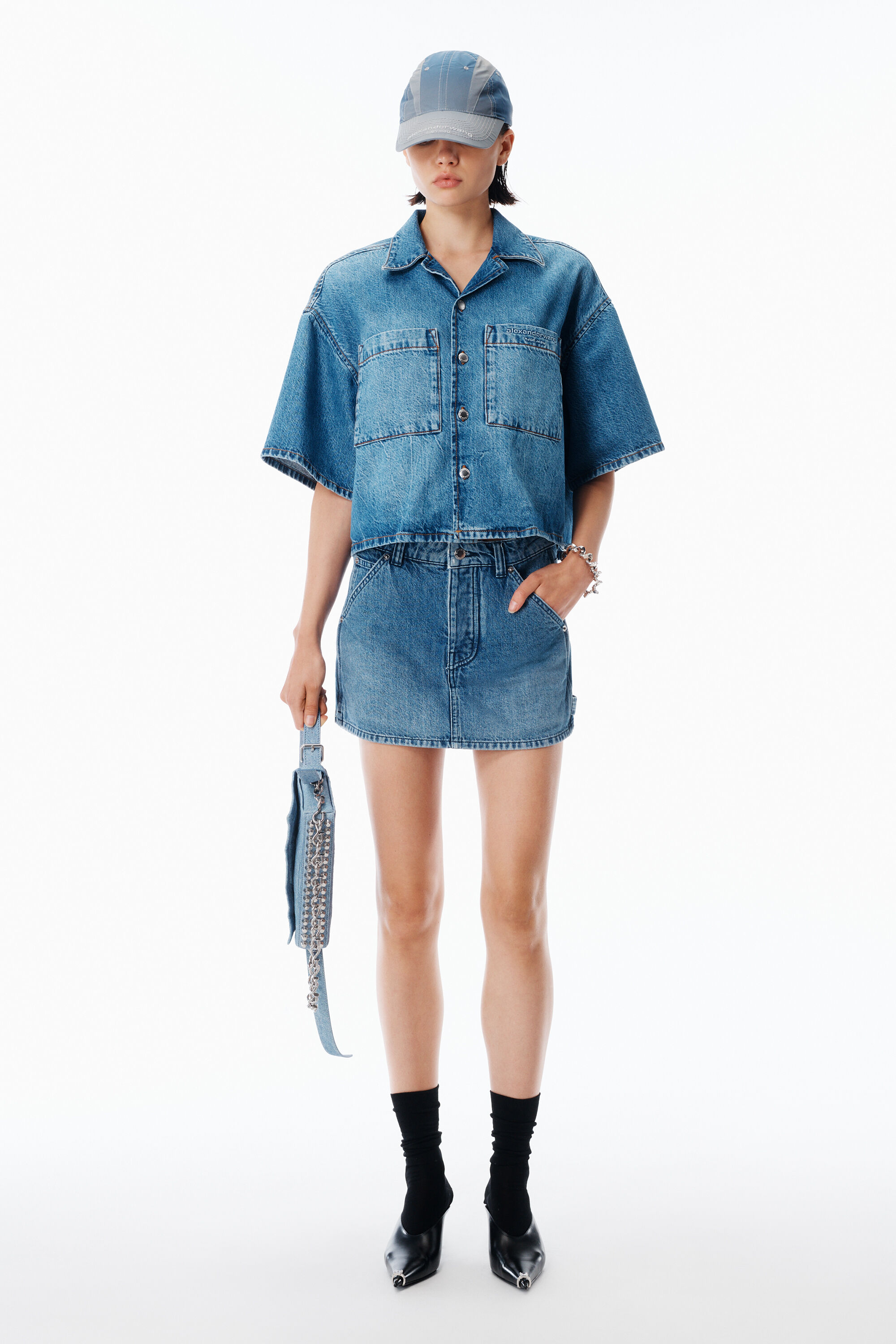 Carpenter Mini Skort in VINTAGE MARBLED BLUE | alexanderwang®