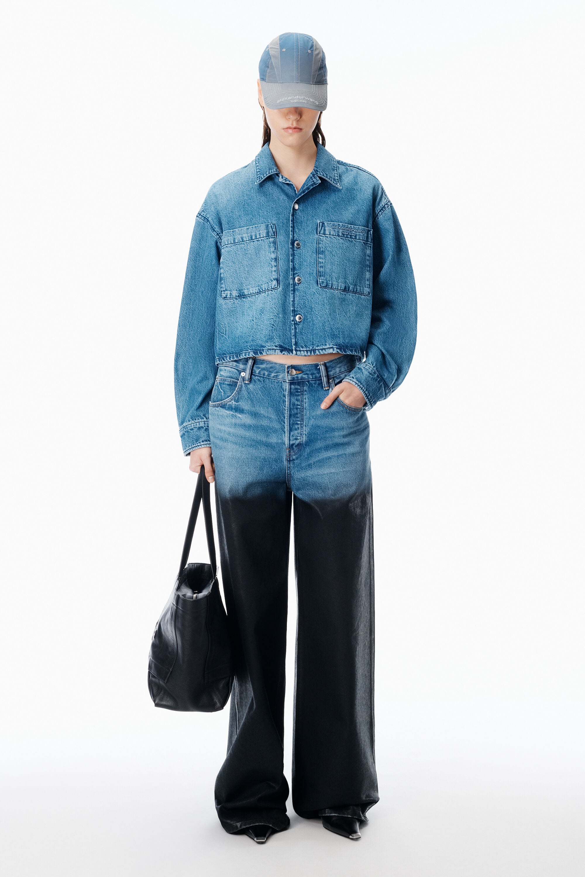 Cropped Long Sleeve Shirt in VINTAGE MARBLED BLUE | alexanderwang®