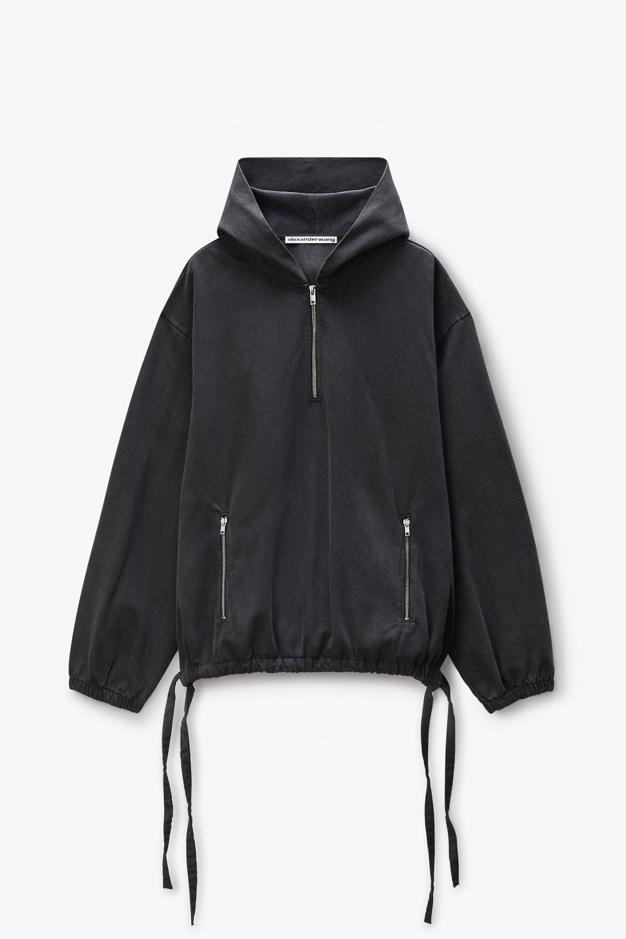 Grey Half-Zip Cotton Hoodie in WASHED BLACK BEAN | alexanderwang®