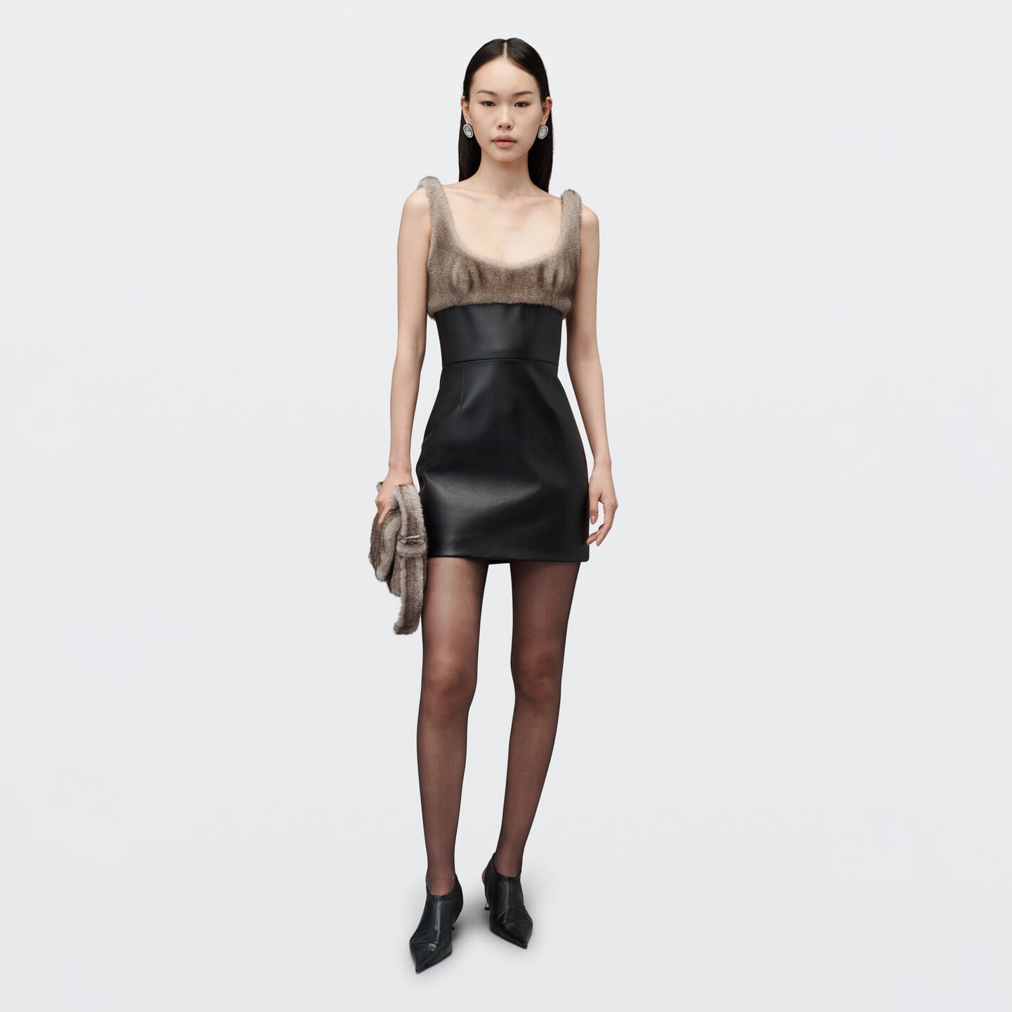 Alexander Wang Leather Dress With Faux Fur Bodice In Black/grey