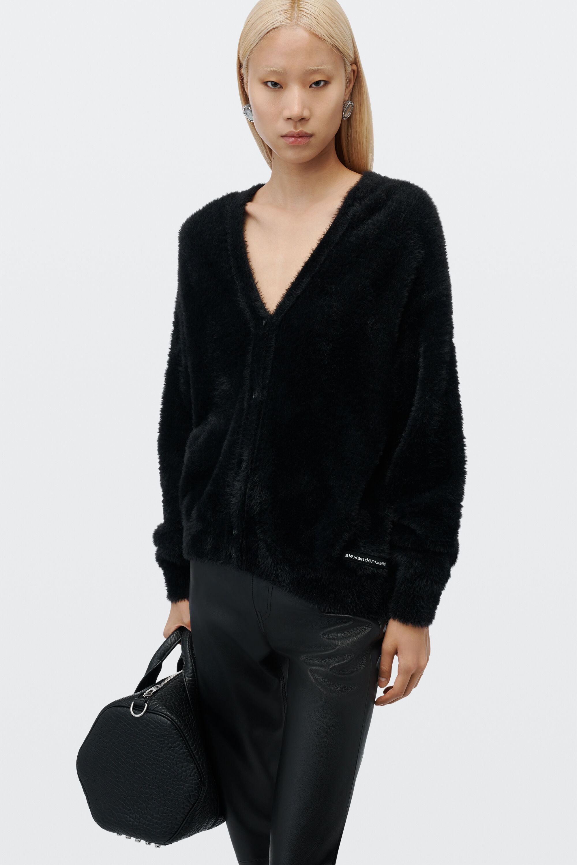TEXTURED CHENILLE V-NECK CARDIGAN in BLACK | alexanderwang®