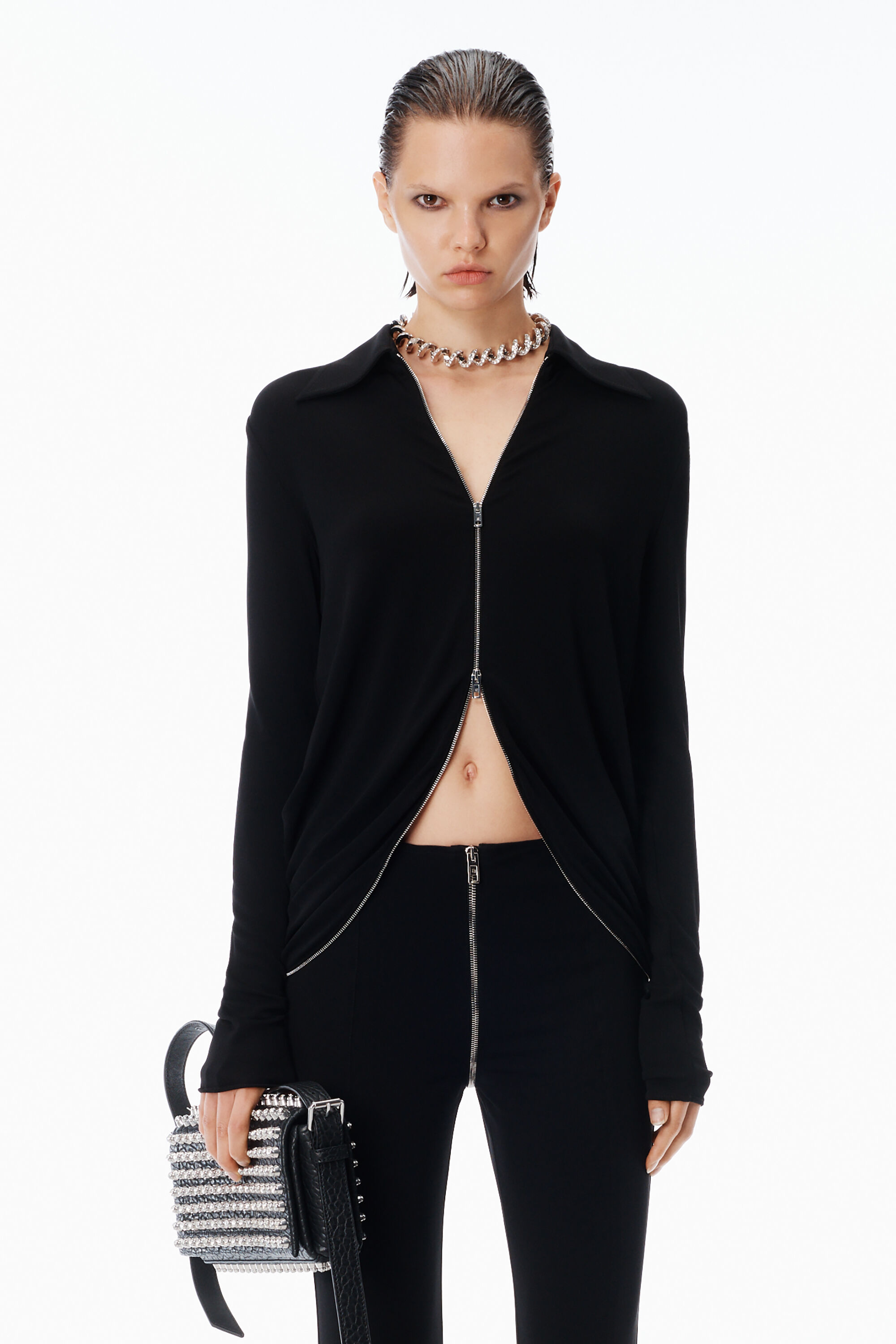 Draped Back Zip Shirt in Crepe Jersey in BLACK | alexanderwang®