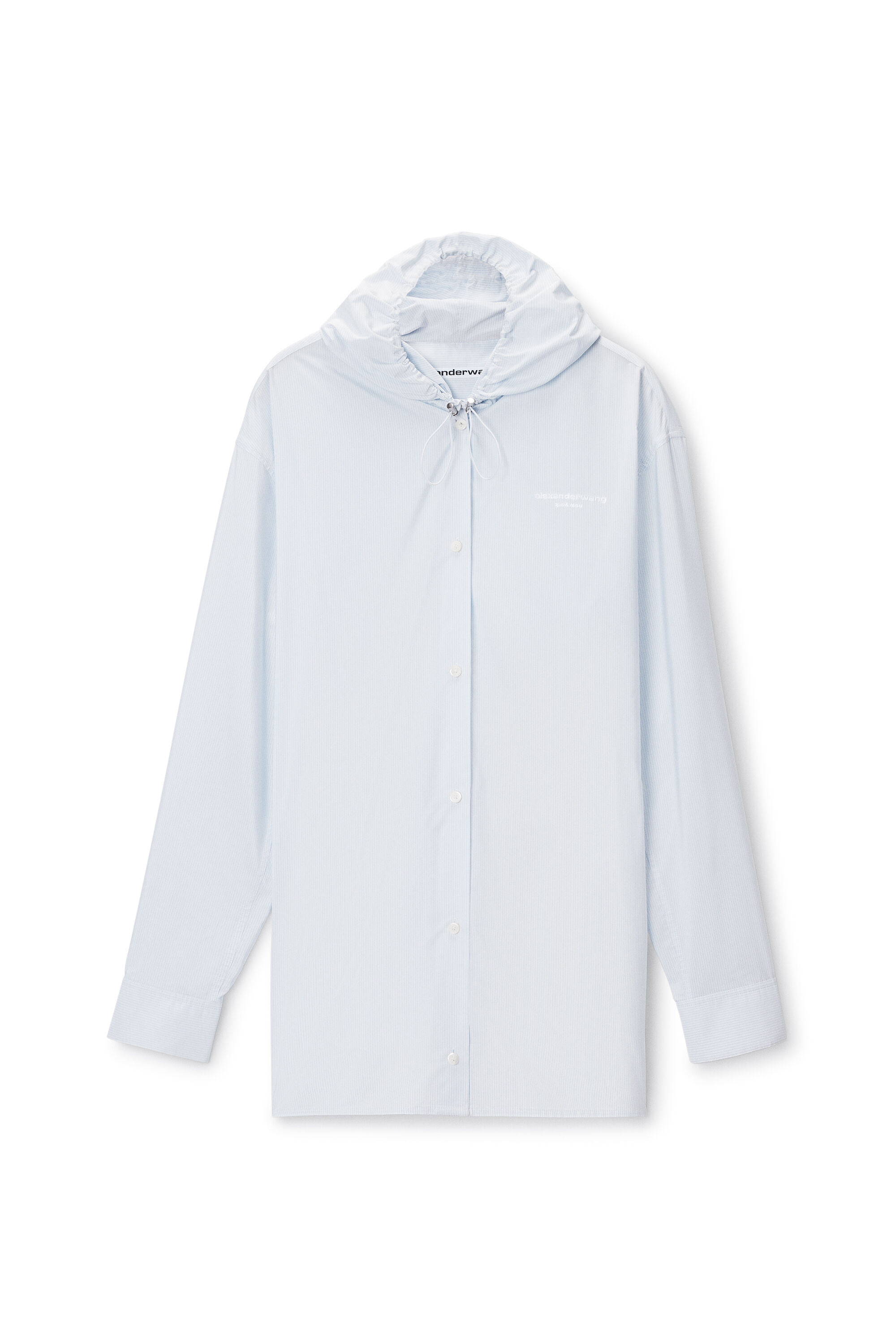 Hooded Button-Up Shirt with Bungee Drawcord in WHITE/BLUE STRIPE