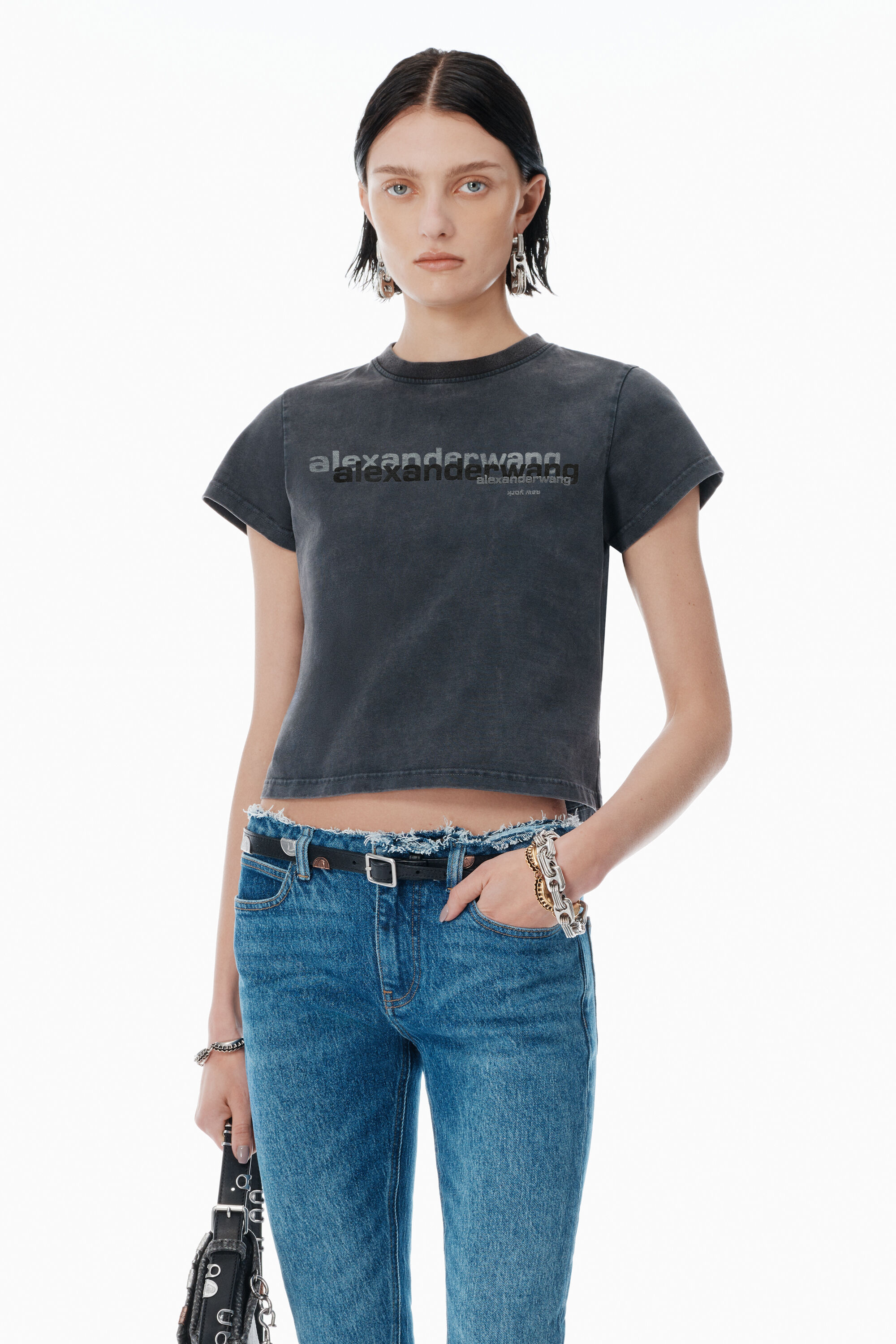 Black Cotton Shrunken Logo Tee in WASHED BLACK | alexanderwang®