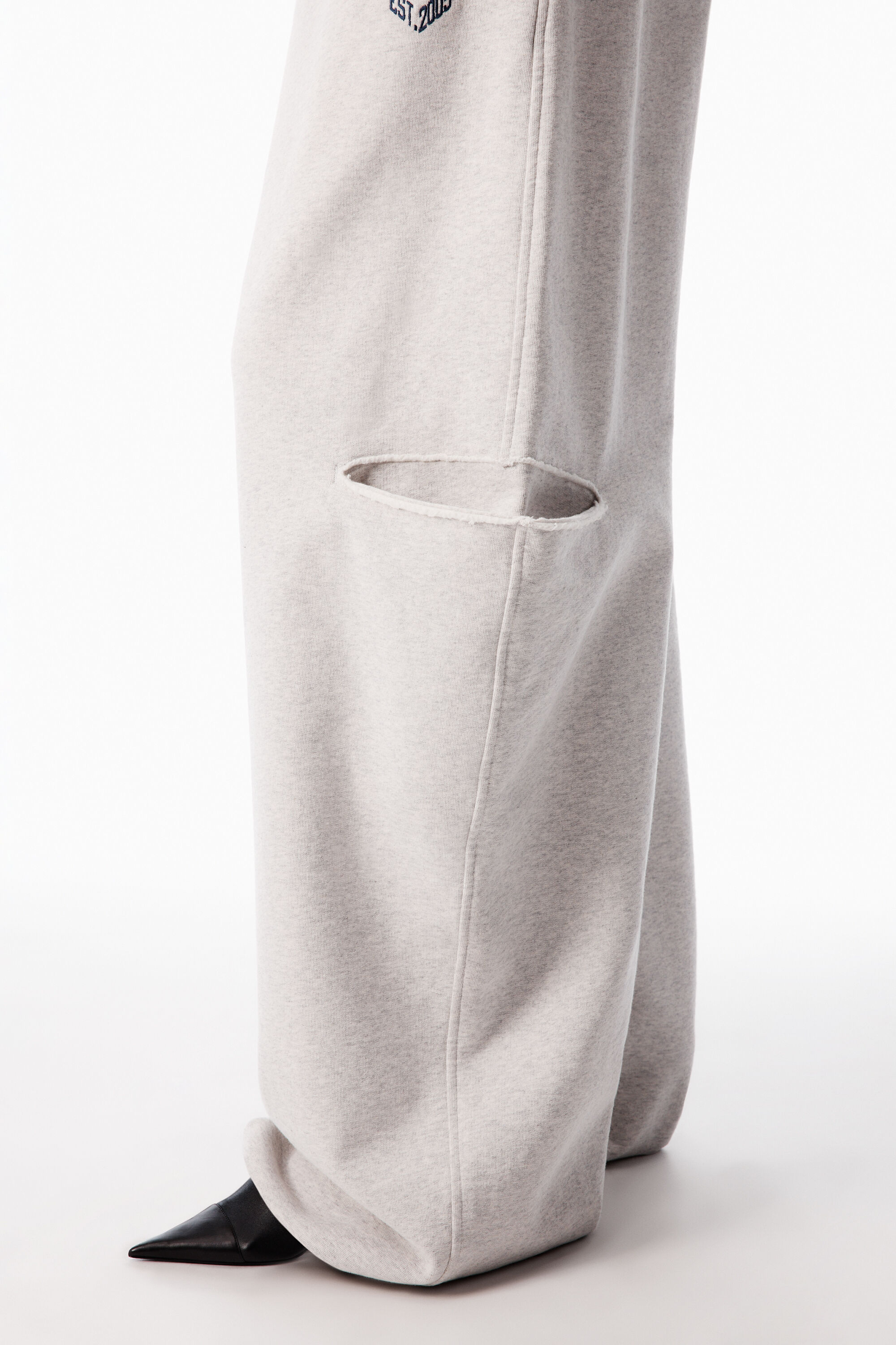 DENIM WAISTBAND SLASHED SWEATPANT in LT HEATHER GREY/LIGHT POWDER