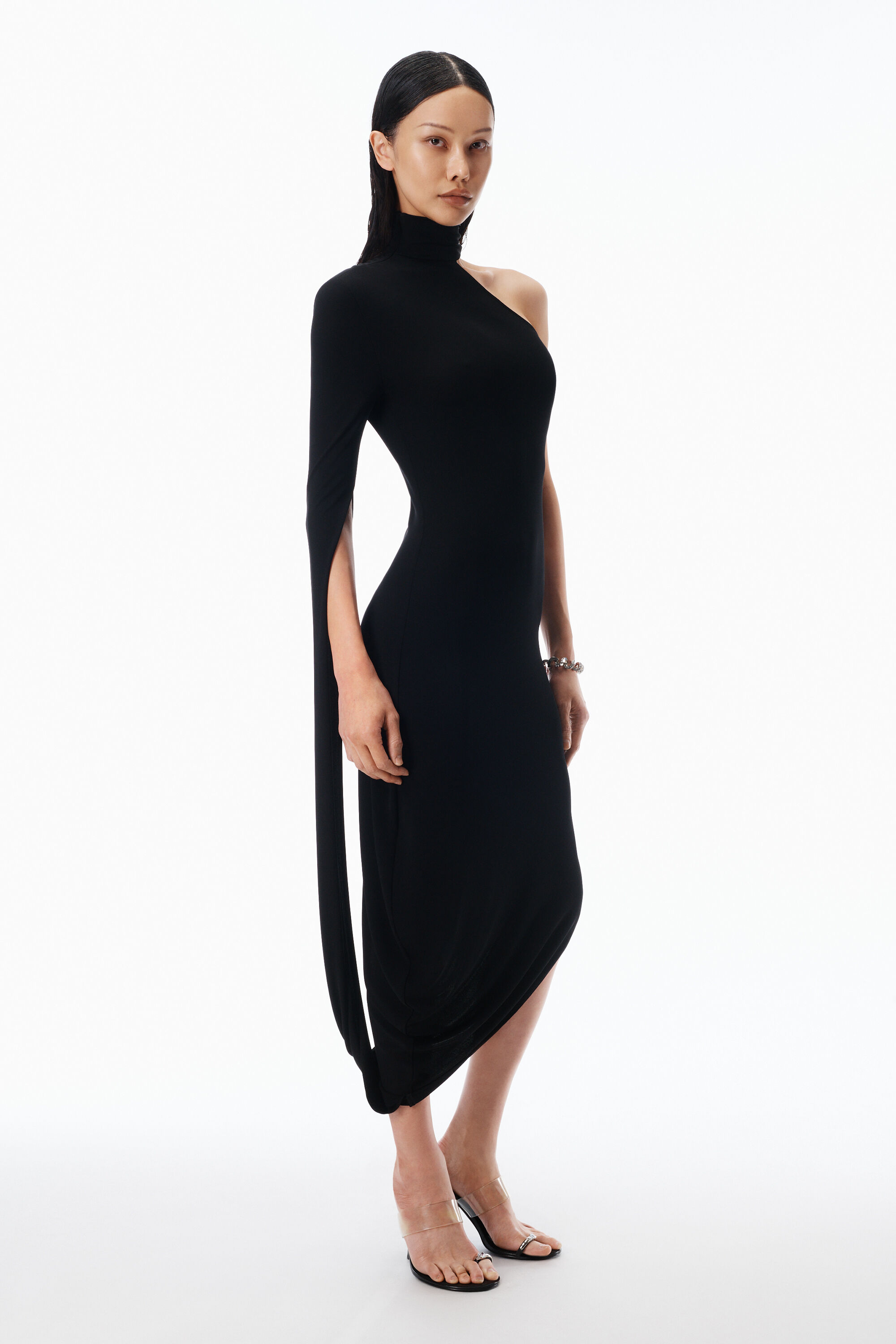 Draped Midi Dress in Crepe Jersey in BLACK | alexanderwang®