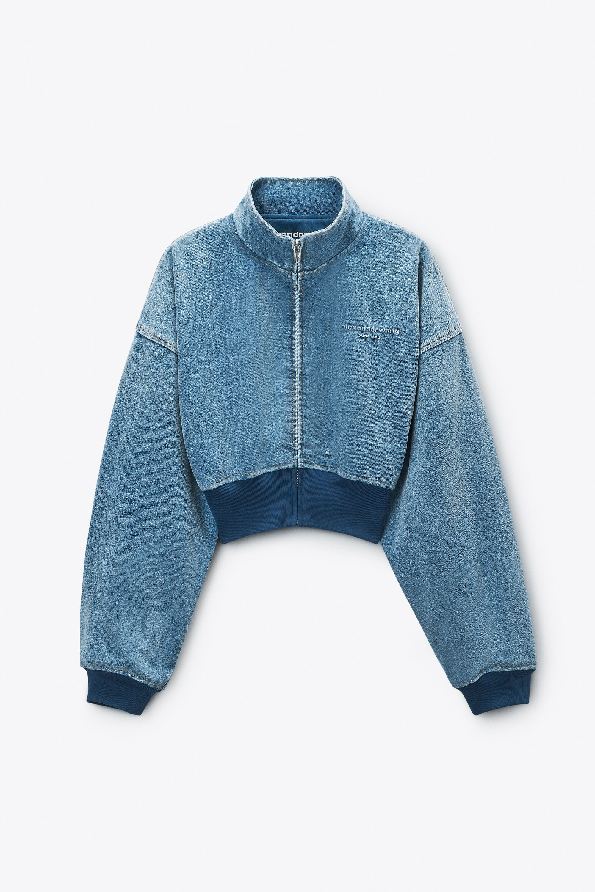 Light Blue Brushed Denim Funnel Neck Jacket in WASHED LIGHT BLUE