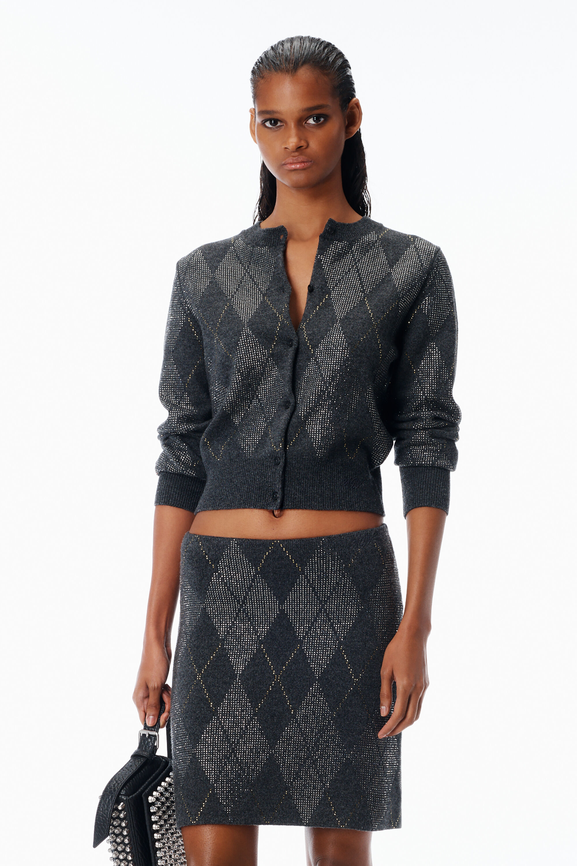 Crystal Hotfix Wool-Blend Argyle Cardigan in GRAPHITE | alexanderwang®
