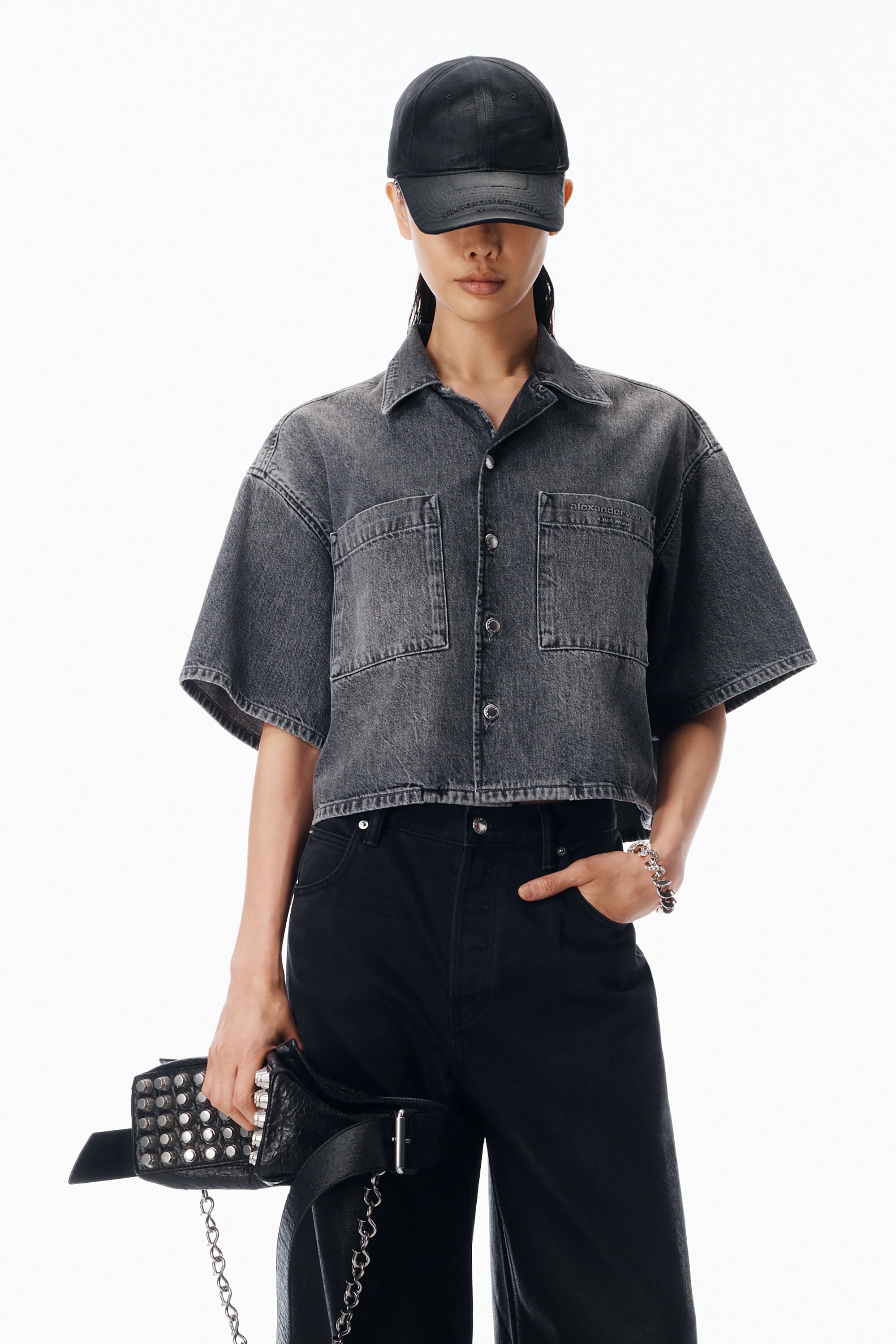 Cropped Short Sleeve Shirt in LIGHT GREY | alexanderwang®
