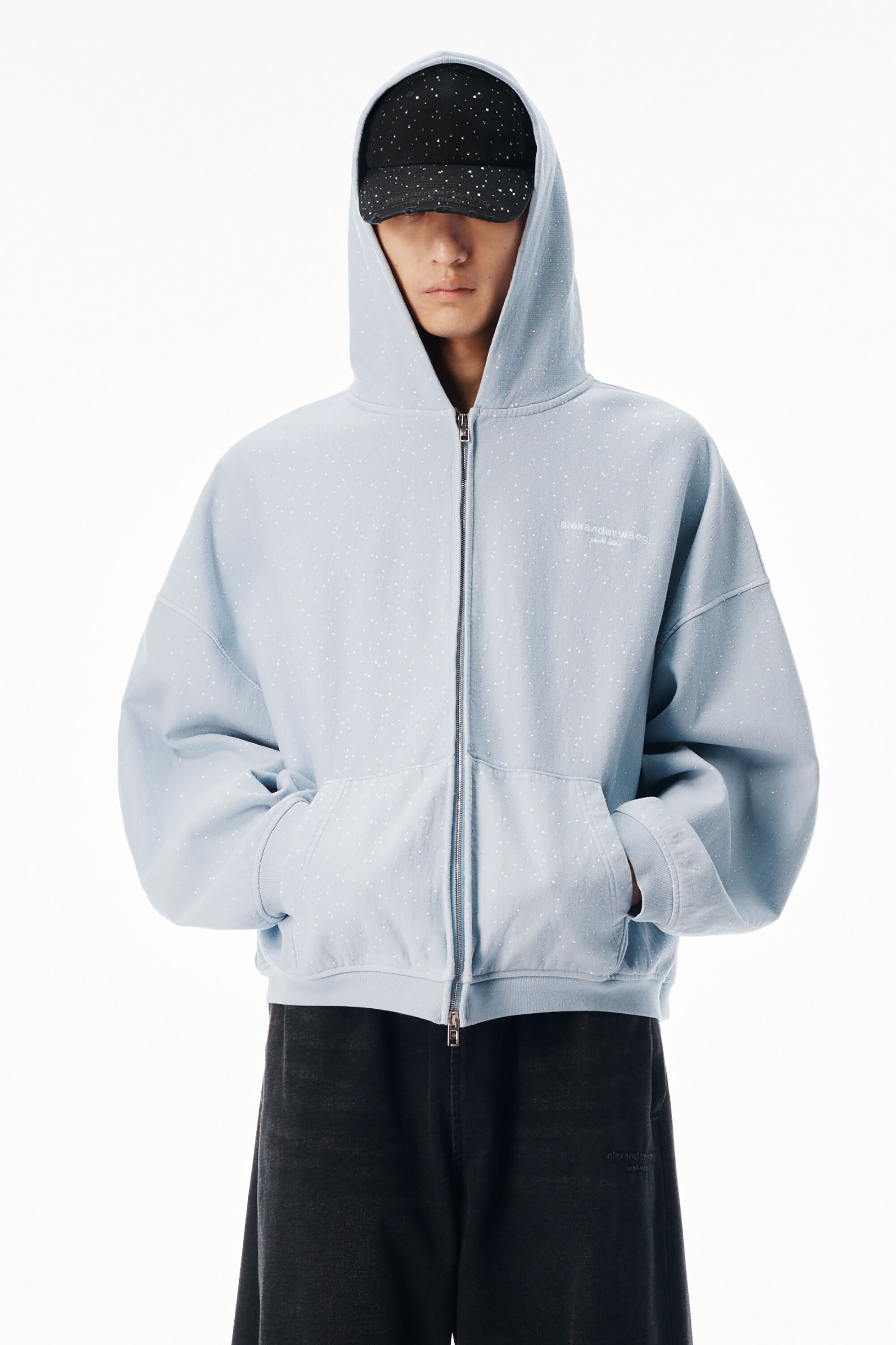 Crystal hotfix oversized zip-up hoodie in WASHED SKY | alexanderwang®