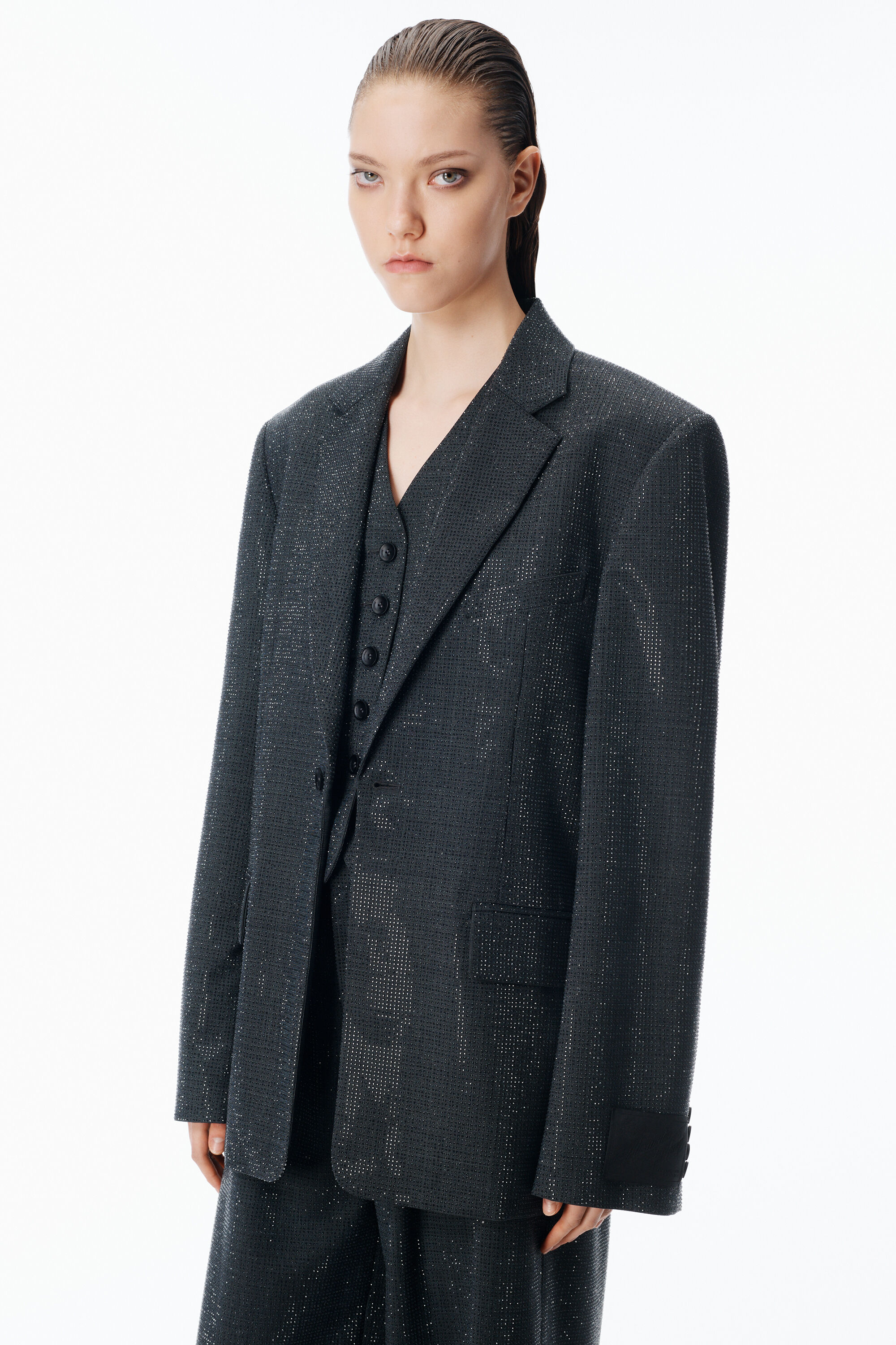 Crystal Hotfix Oversized Boxy Blazer in GREY | alexanderwang®